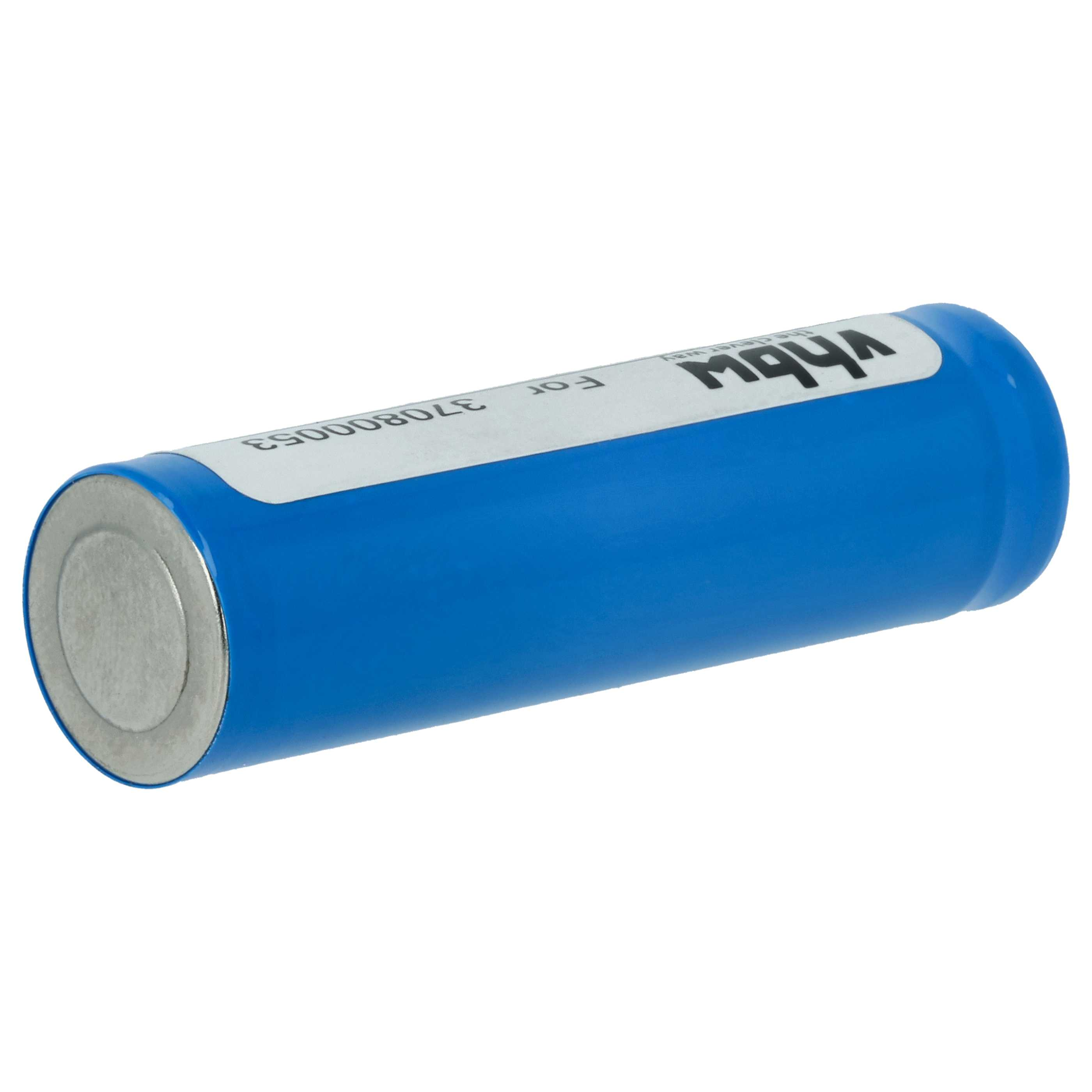 Eine blaue zylindrische Batterie mit weißem Etikett, Text und Zahlen. Enden sind silbermetallic.