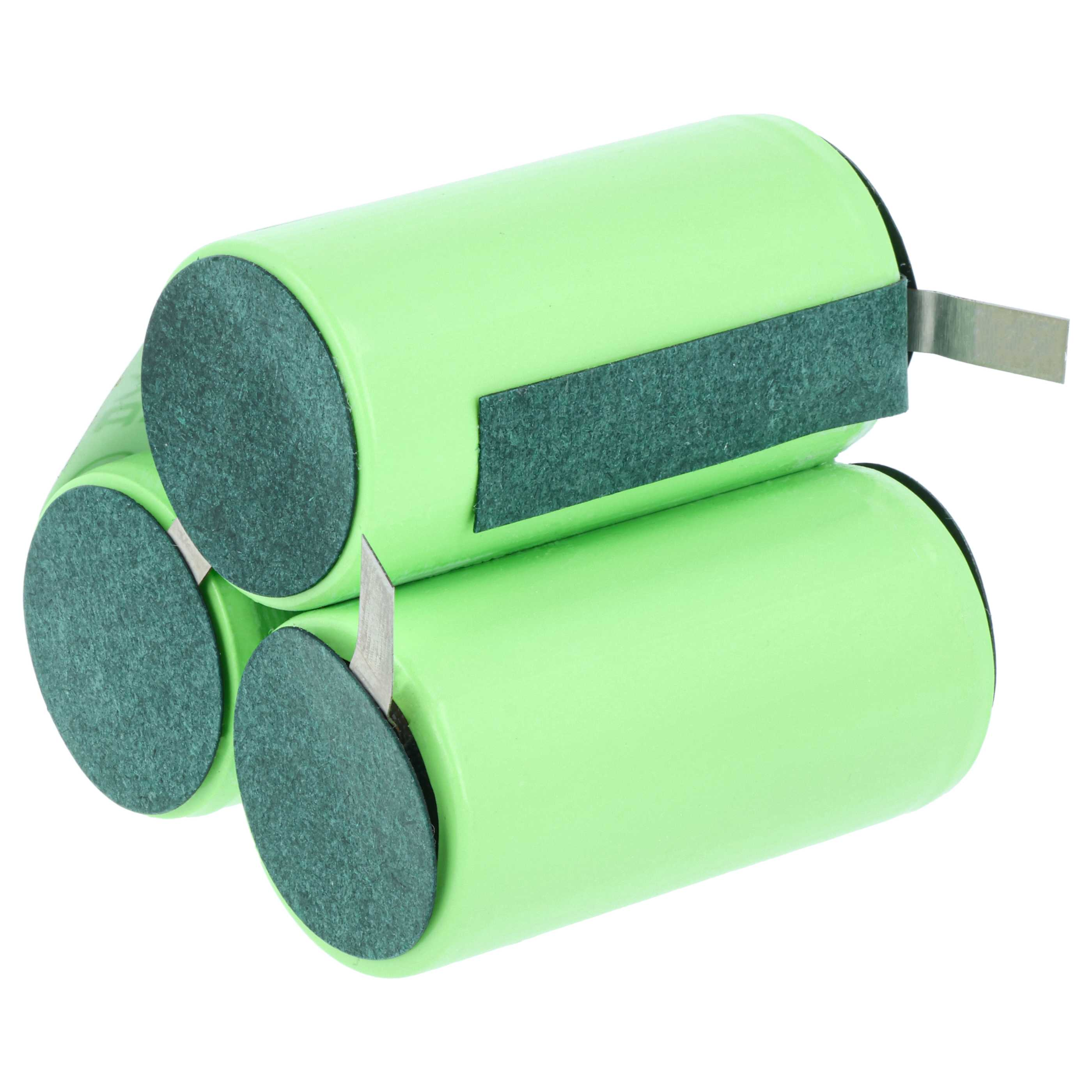 Drei grüne zylindrische Batterien sind angeordnet. Jede hat einen dunkelgrünen Kreis und eine silberne Lasche.