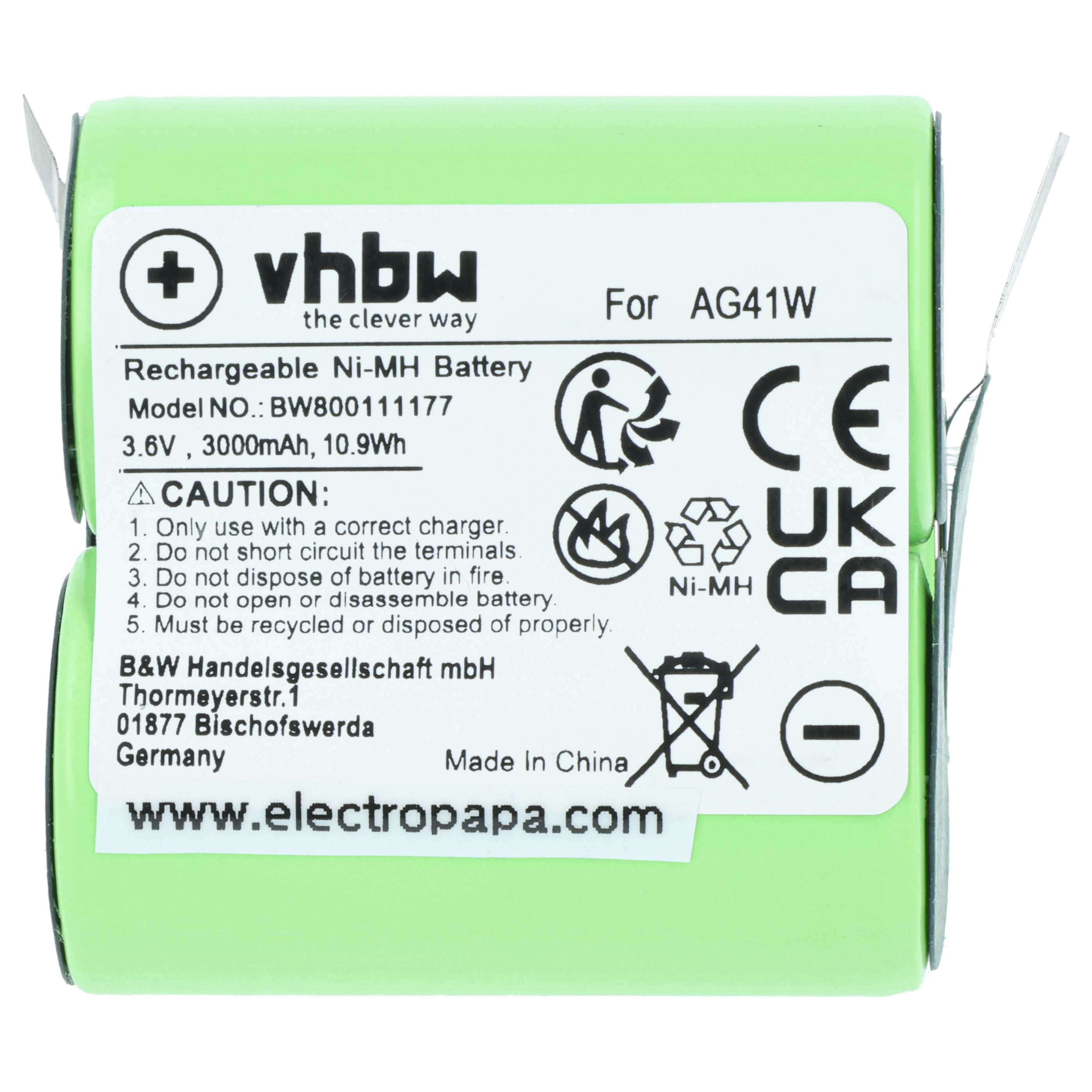 Eine grüne vhbw Ni-MH-Batterie mit Text, Symbolen und Warnhinweisen. Sie hat ein Plus- und ein Minuszeichen.