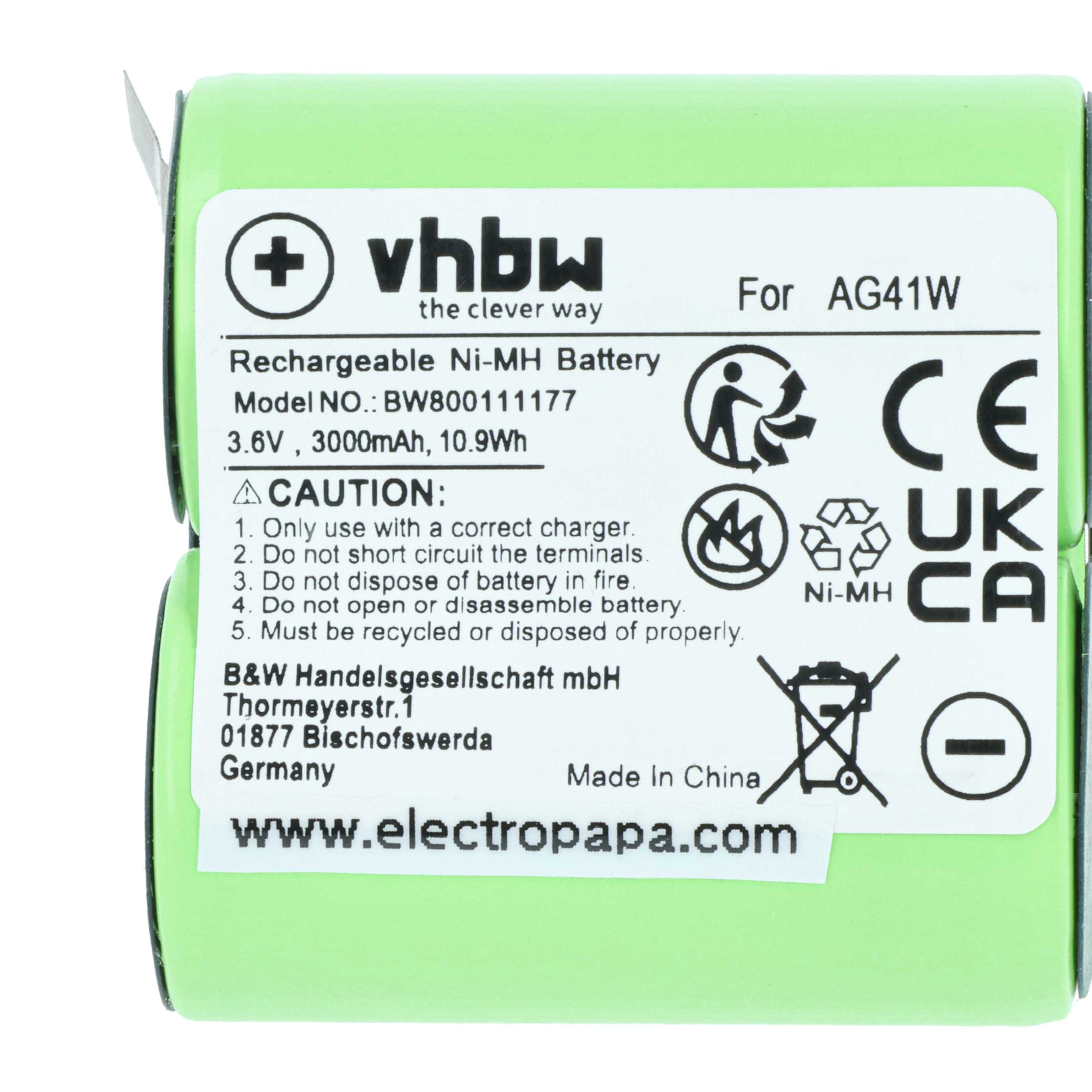 Eine grüne Batterie mit Text: vhbw, wiederaufladbare Ni-MH-Batterie und Warnsymbolen. Hergestellt in China.