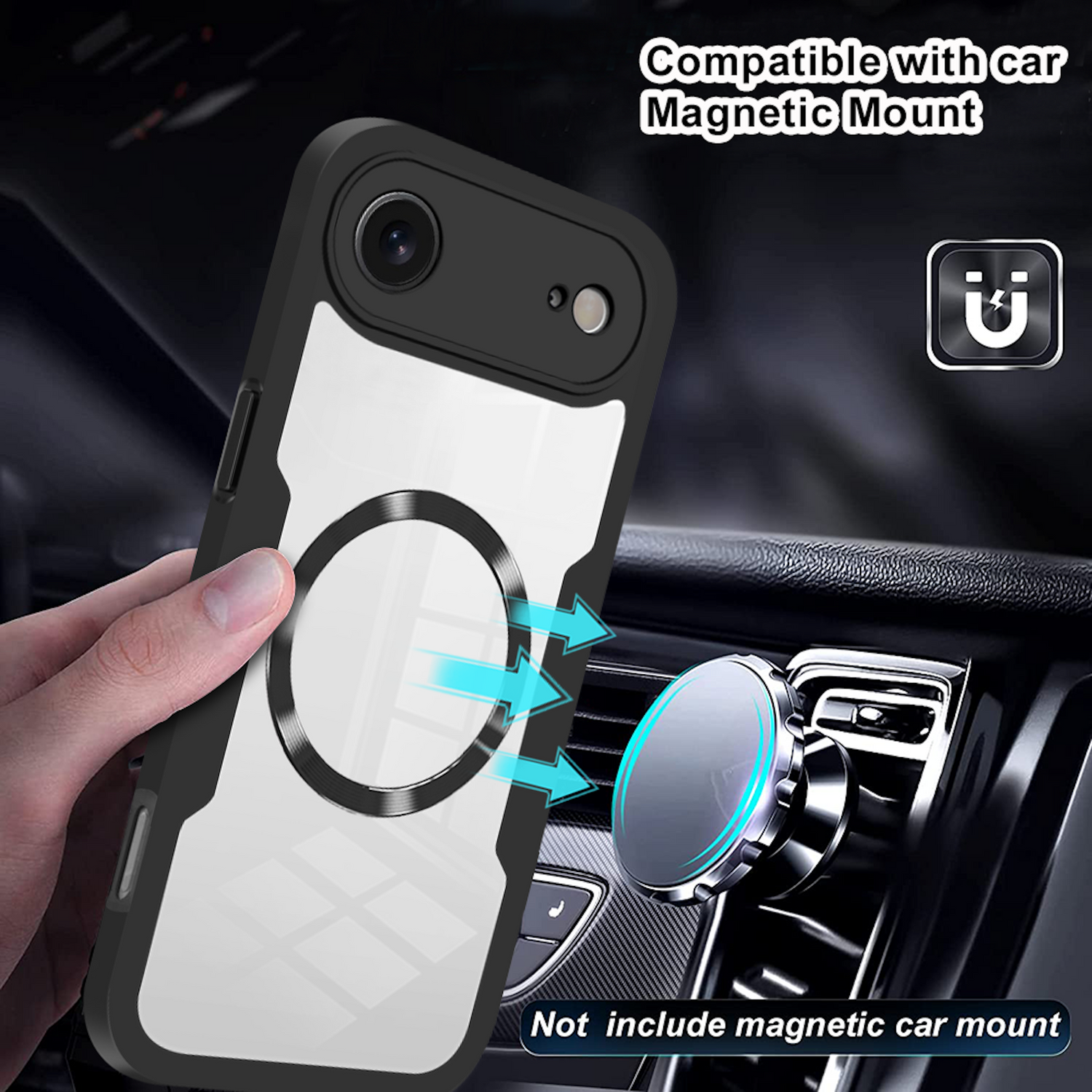 Se muestra una funda de teléfono con un anillo magnético, con una flecha que apunta a un soporte para automóvil. La funda es negra y blanca.