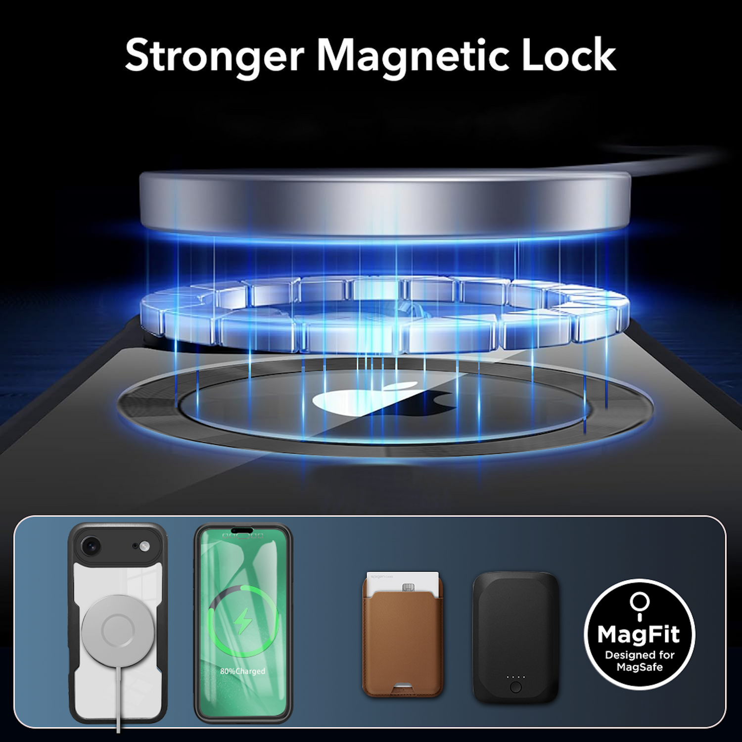 Un teléfono cargando de forma inalámbrica. La imagen muestra un cargador MagSafe y varios accesorios, incluyendo una funda, una cartera y un banco de energía.