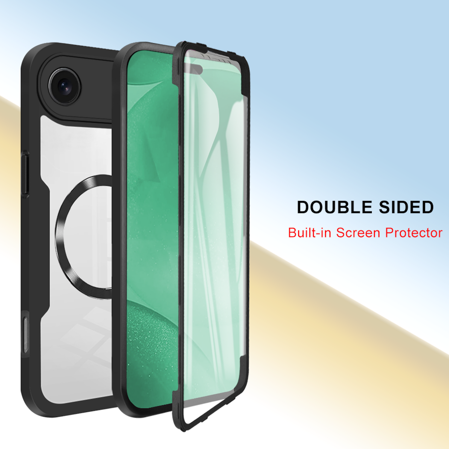 Se muestra una funda negra para teléfono con la parte trasera transparente y un protector de pantalla incorporado. El fondo es azul y blanco.