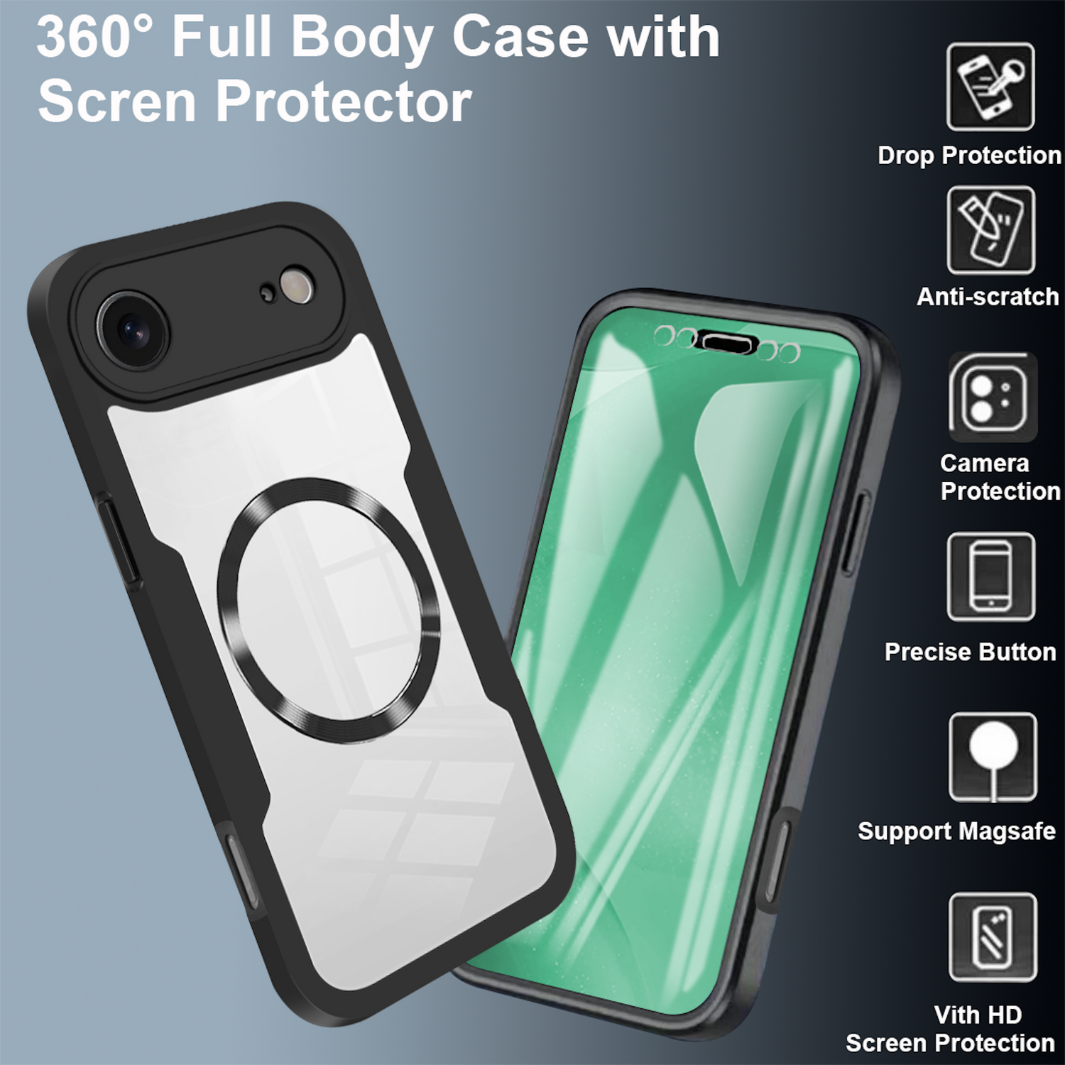 Funda negra para teléfono con protector de pantalla. Características: protección contra caídas, antiarañazos, protección de cámara, botón preciso.