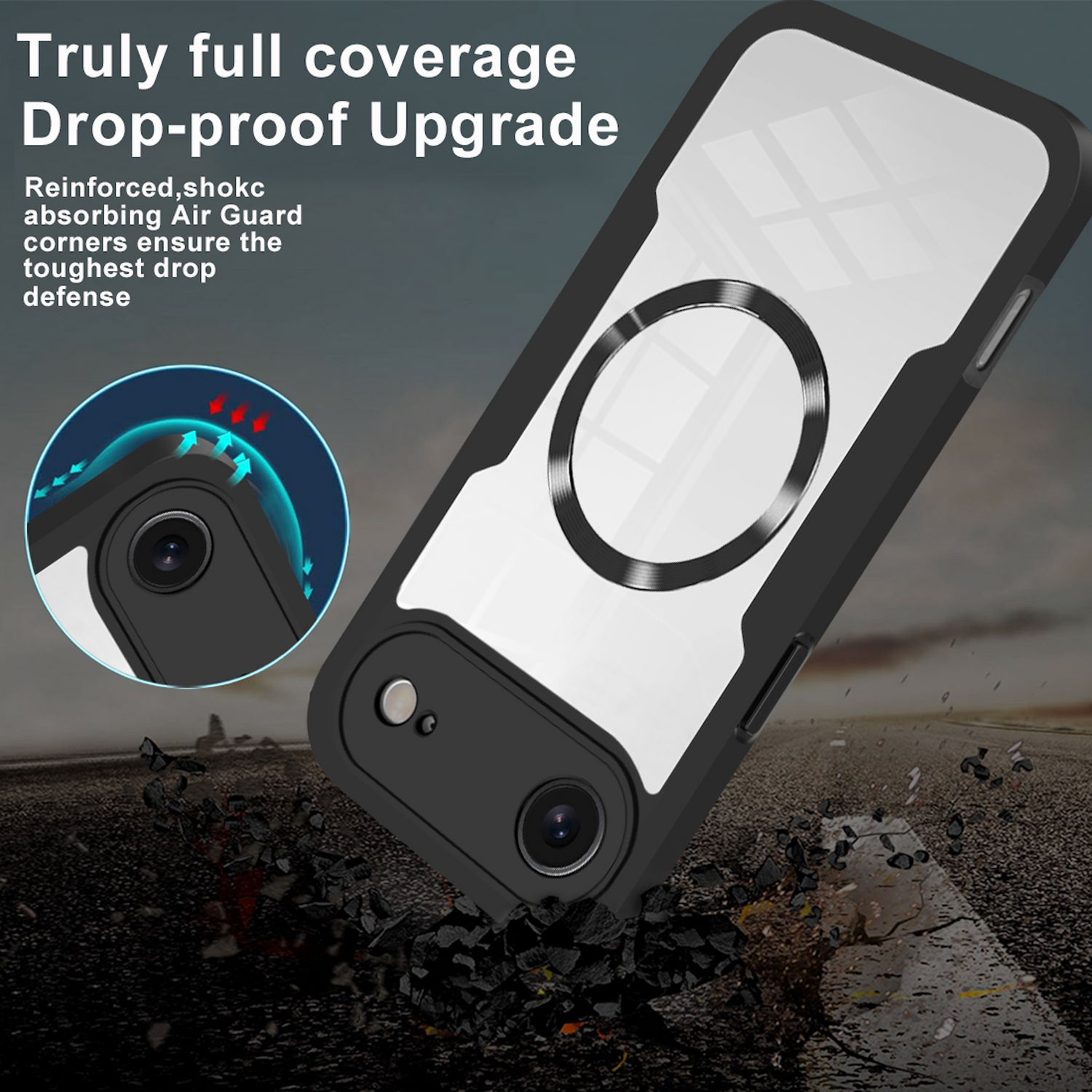 Se muestra una funda de teléfono con marco negro y parte trasera transparente, con texto sobre protección contra caídas. La funda está sobre una superficie de carretera agrietada.