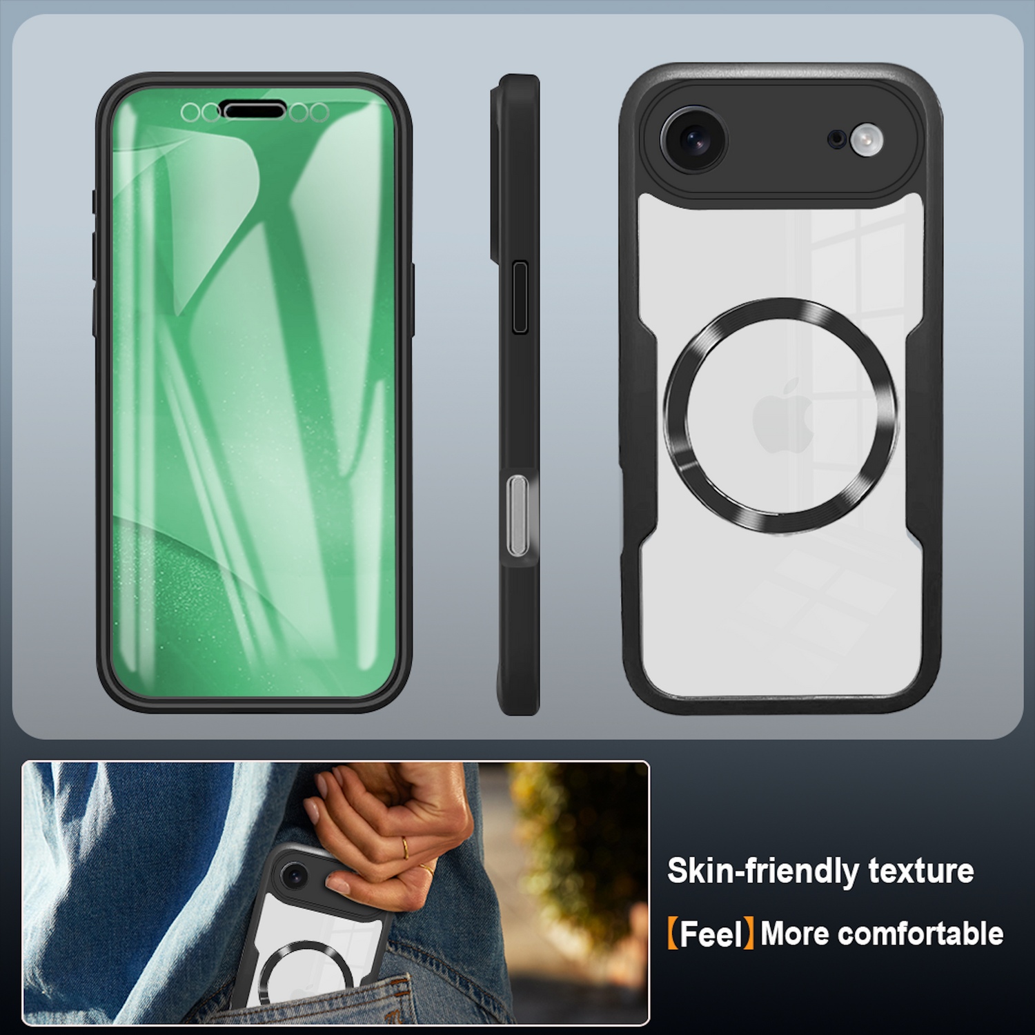 La imagen muestra fundas para teléfonos, un protector de pantalla y un teléfono en un bolsillo. La funda es negra y transparente. El texto dice 'textura agradable a la piel'.