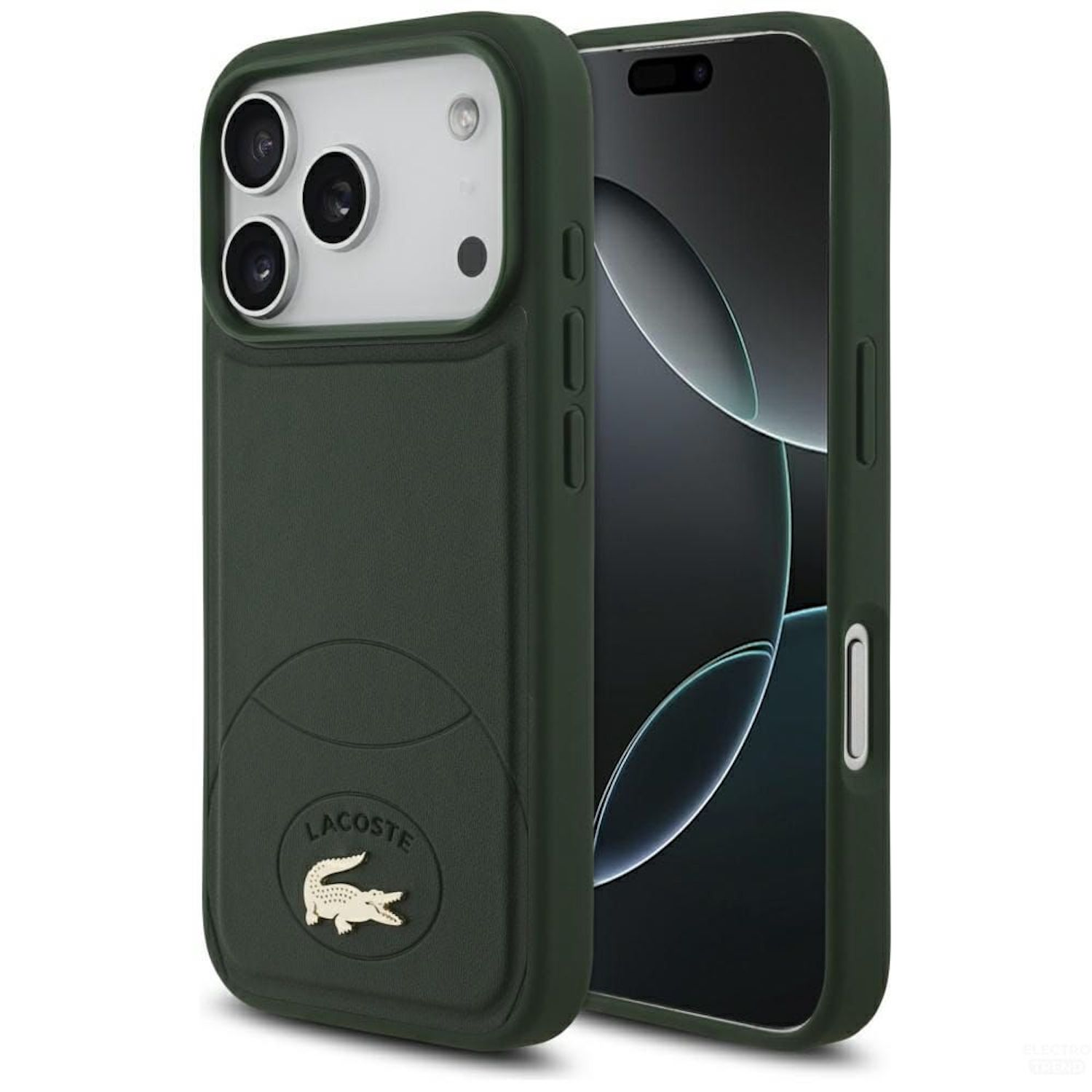 Grüne Handyhülle mit Lacoste-Logo und Smartphone. Die Hülle ist dunkelgrün, der Bildschirm schwarz.