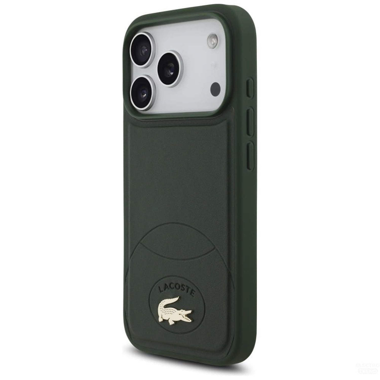 Eine grüne Handyhülle mit drei Kameralinsen. Die Hülle hat unten ein Lacoste-Logo. Das Telefon ist weiß.