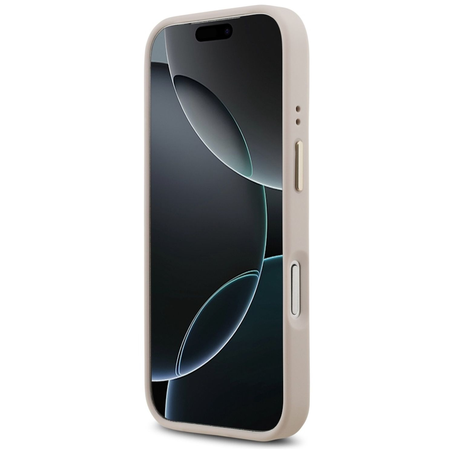 Un smartphone en una funda beige claro está en posición vertical. La pantalla muestra formas abstractas. Los botones son visibles en el lateral.