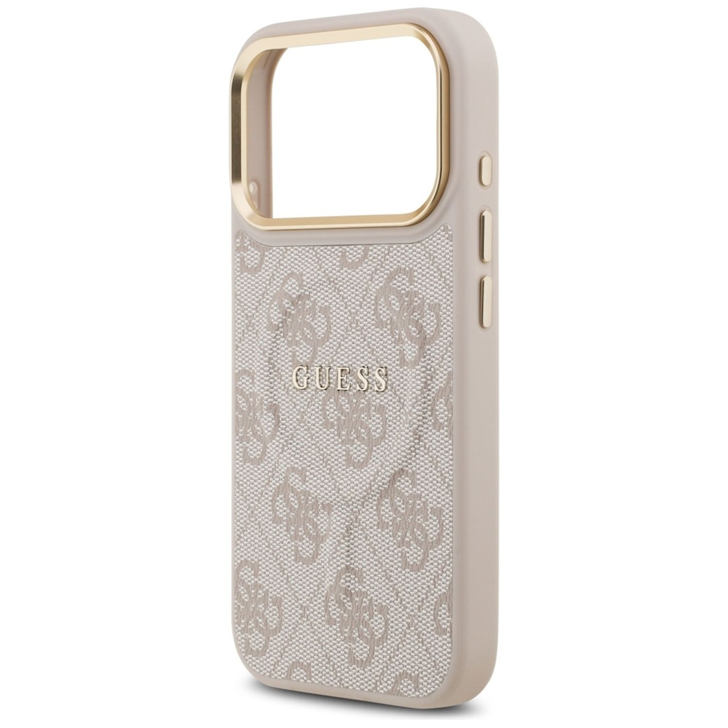 Una funda de teléfono beige con marco dorado y logo Guess. La funda tiene un patrón texturizado y botones dorados en el lateral.