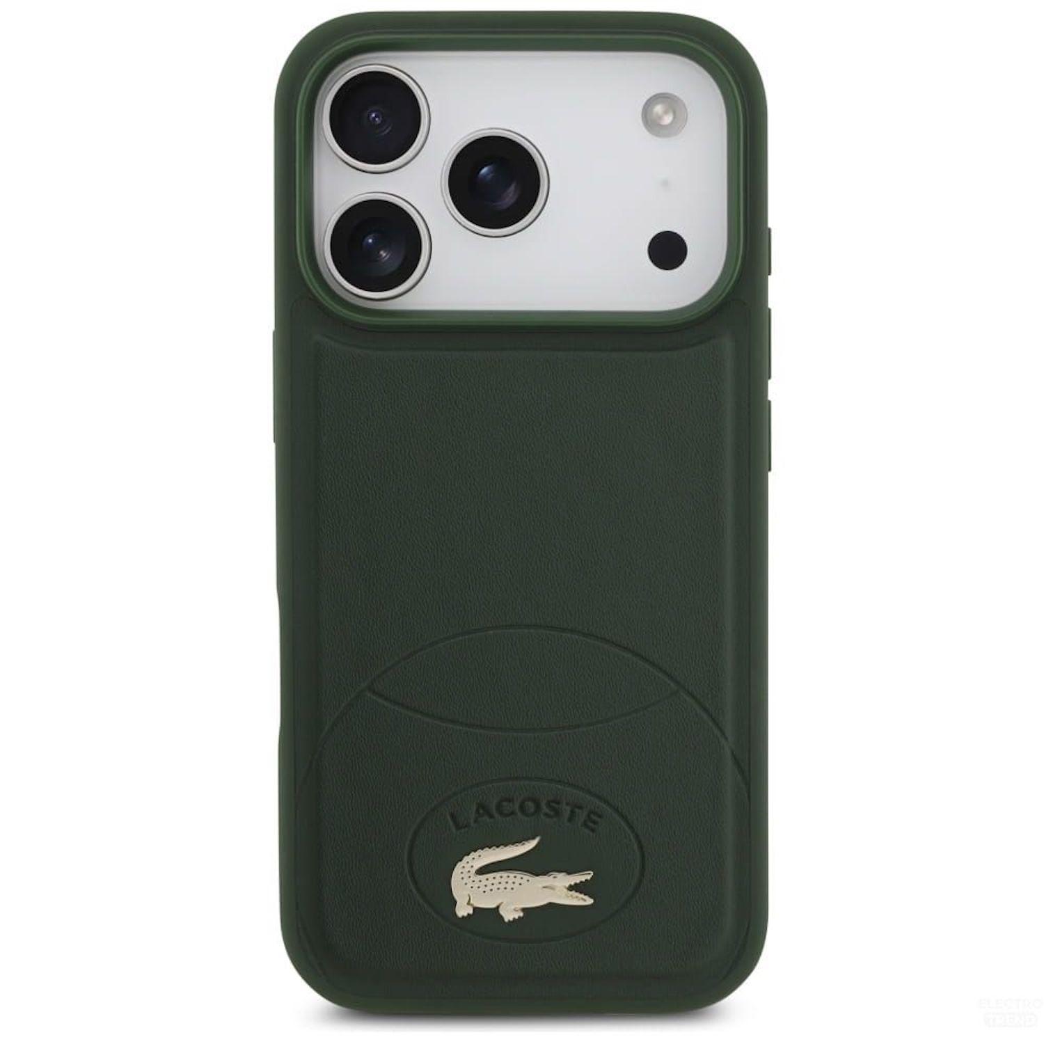Eine dunkelgrüne Handyhülle mit goldenem Lacoste-Logo. Sie hat einen Kameraausschnitt mit drei Objektiven.