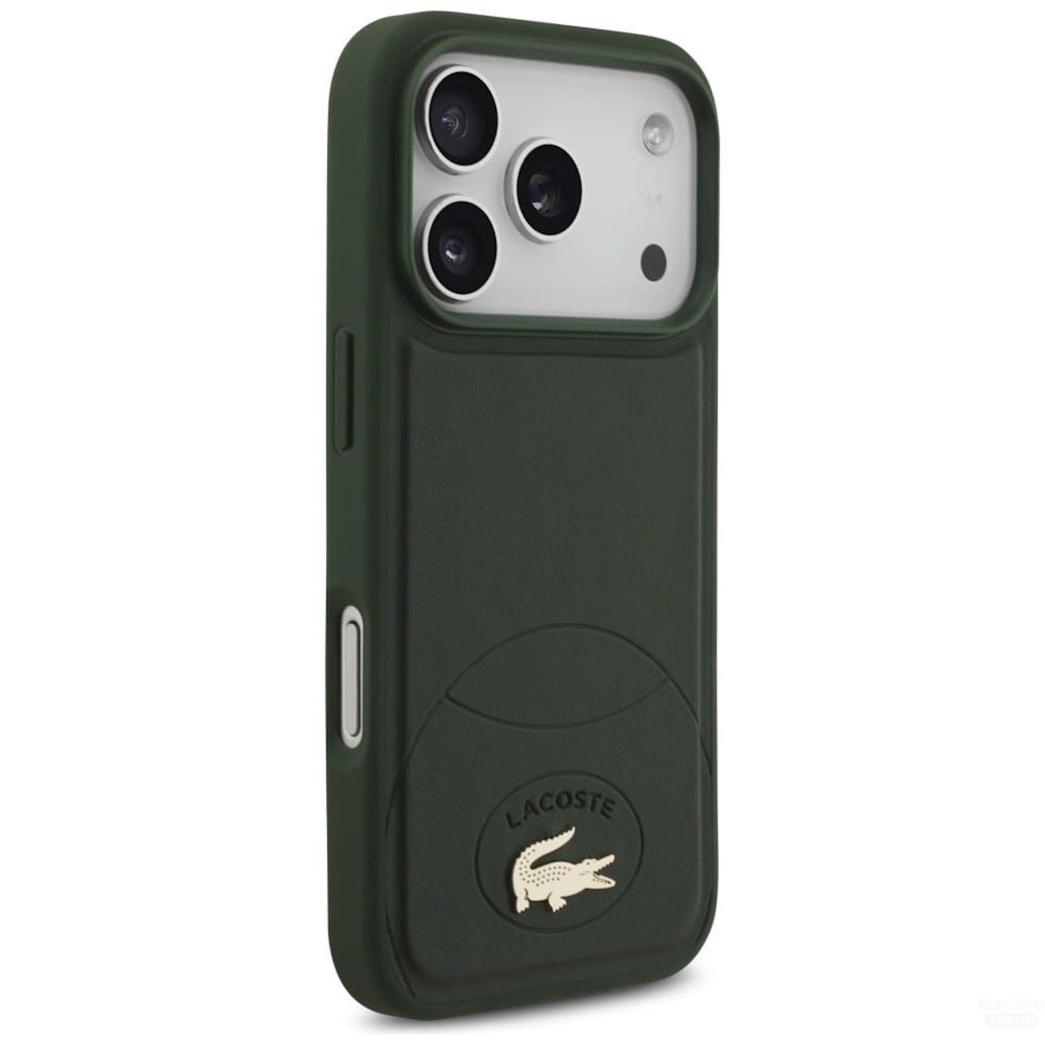 Dunkelgrüne Handyhülle mit Lacoste-Logo. Die Hülle hat einen Kameraausschnitt und Knöpfe. Das Telefon ist in der Hülle.