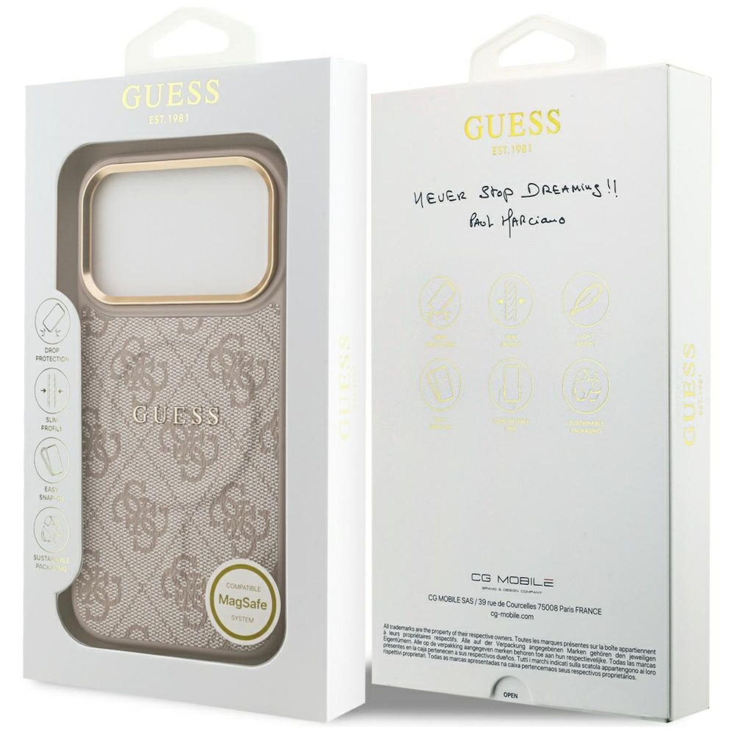 Una funda Guess en su embalaje. La funda es beige con un patrón, y la caja es blanca con el logo Guess.