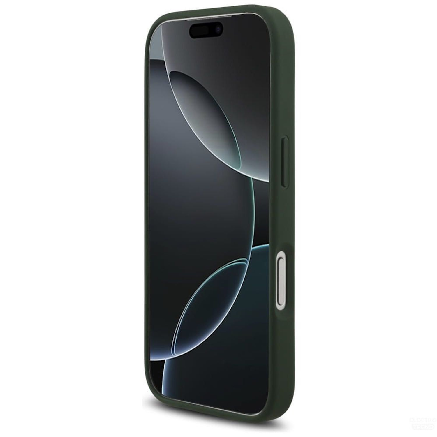 Eine olivgrüne Handyhülle umhüllt ein Smartphone. Der Bildschirm zeigt ein dunkles, abstraktes Design mit weißen Kurven. Das Telefon ist angewinkelt.
