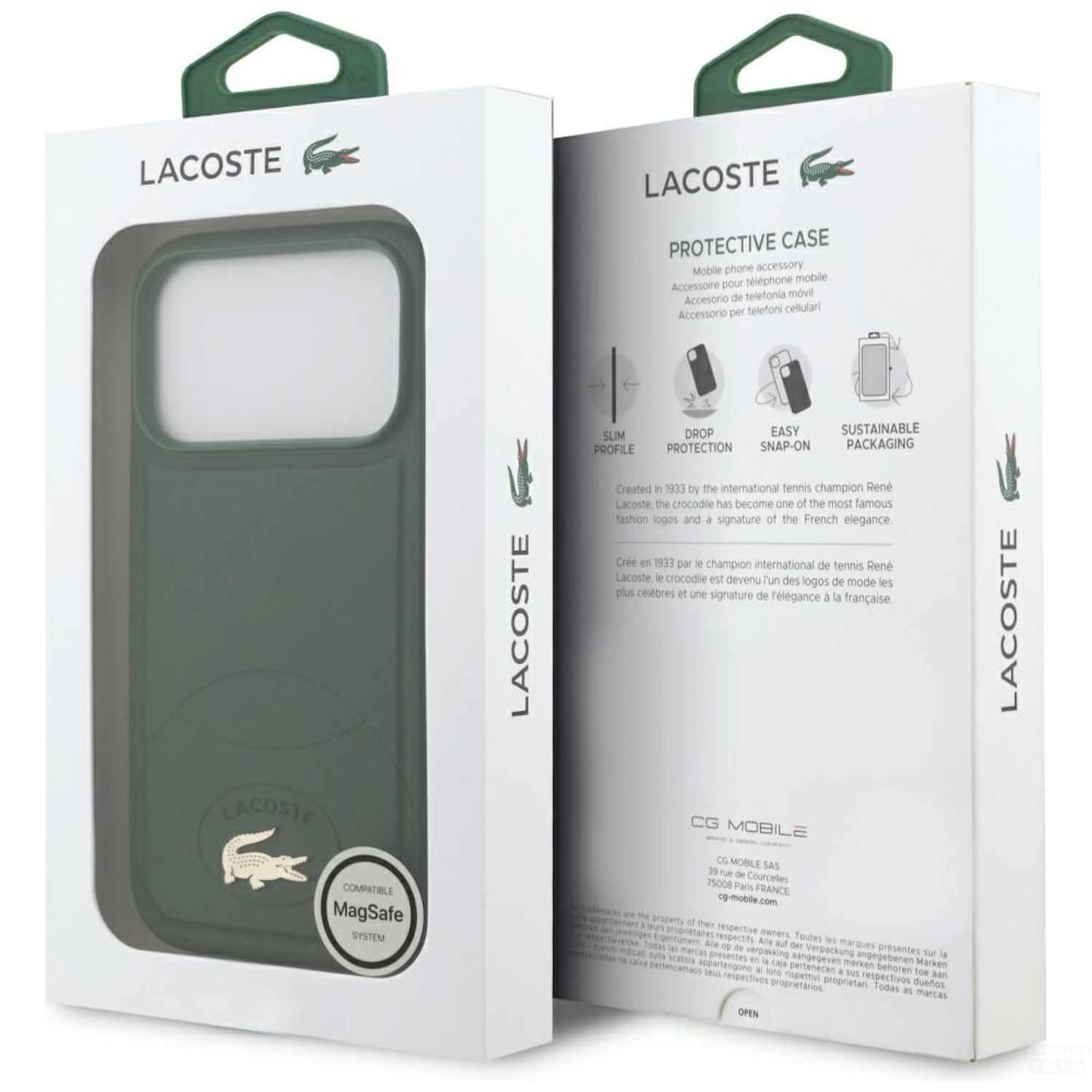 Eine Lacoste-Handyhülle. Die Box ist weiß mit einer grünen Hülle. Lacoste-Logo und Text sind auf der Box.