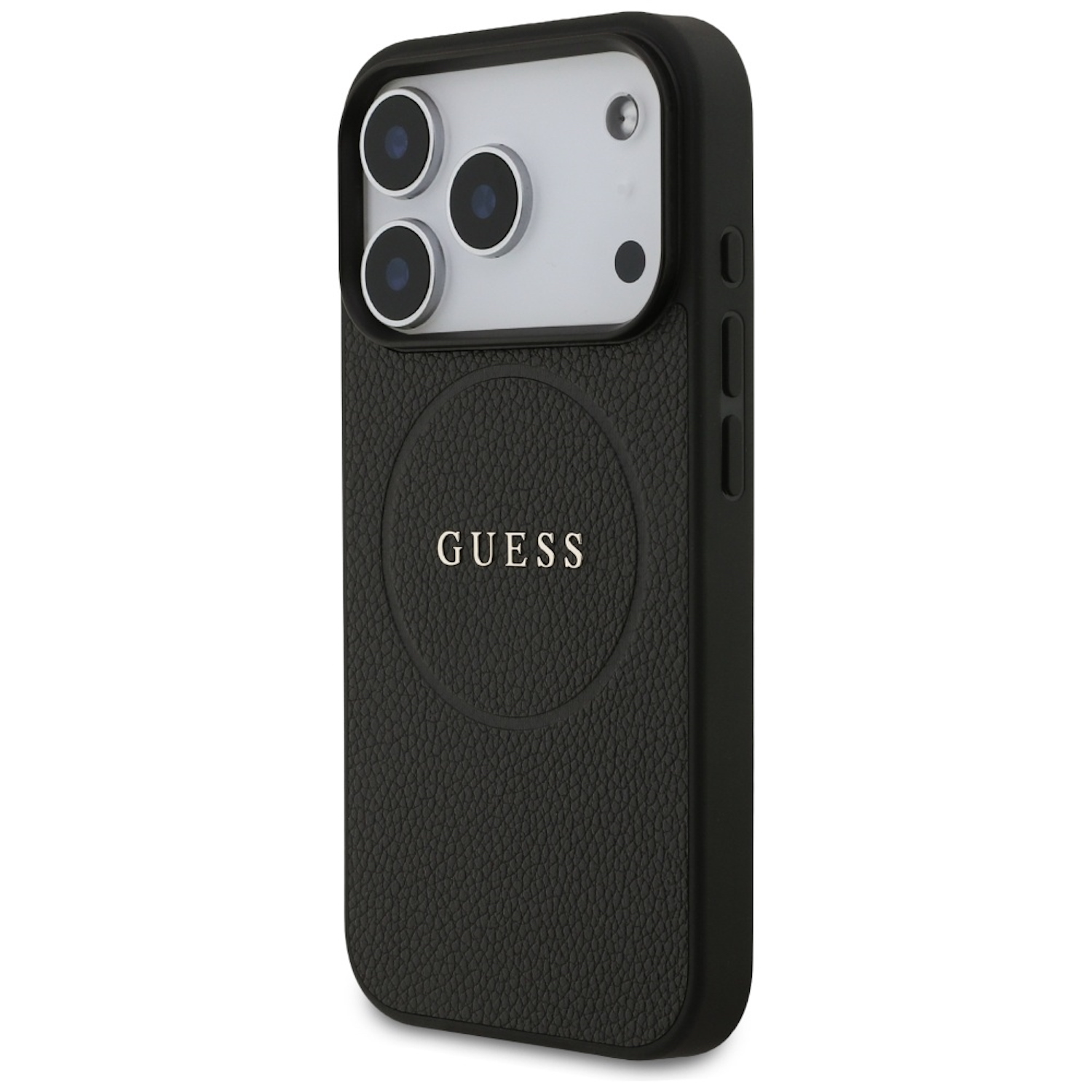 Una custodia per telefono Guess nera. Ha il logo Guess, tre obiettivi della fotocamera e una superficie strutturata simile alla pelle.