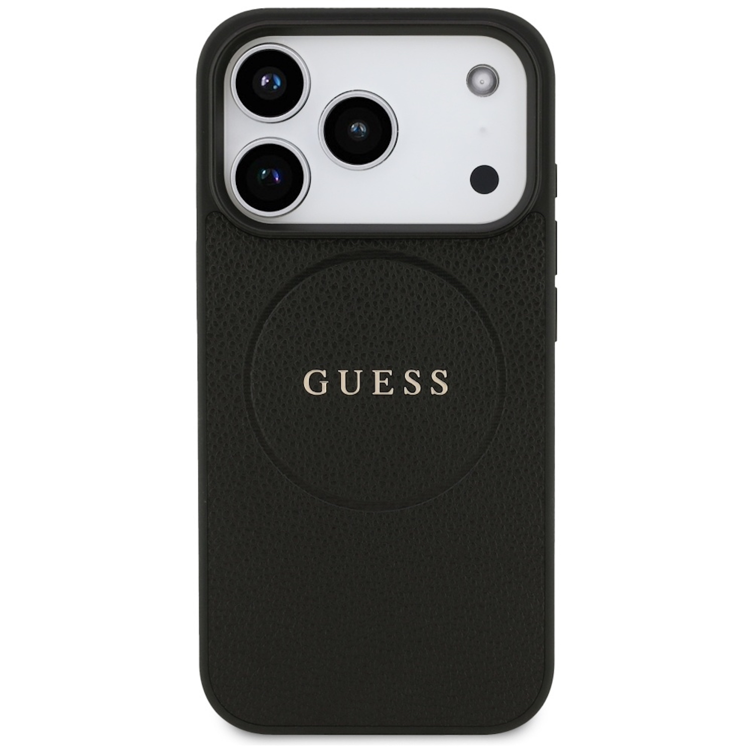 Custodia per telefono Guess nera. Presenta tre obiettivi e un flash, con il marchio 'GUESS' centrato sul retro.
