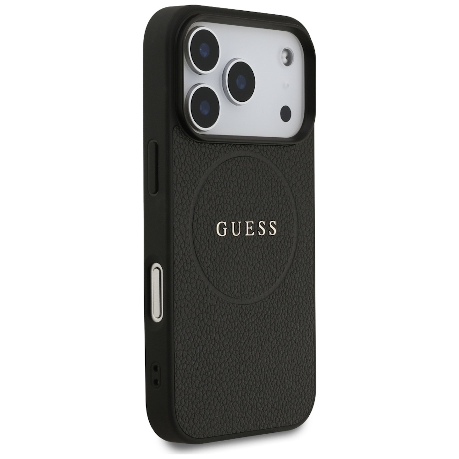 Custodia per telefono Guess nera. Ha un retro strutturato, il logo Guess e un ritaglio per la fotocamera con tre lenti. Il lato ha dei pulsanti.
