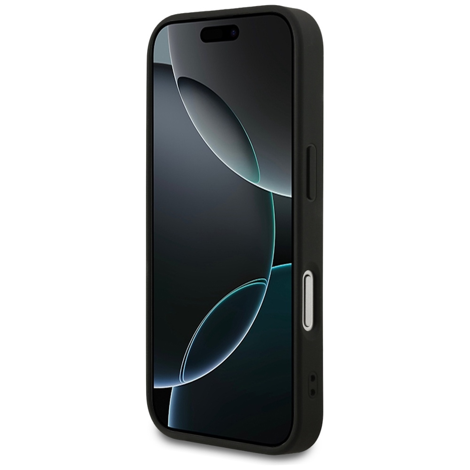 Uno smartphone nero in una custodia nera, leggermente inclinato verso destra. Lo schermo mostra un design astratto scuro con linee bianche.