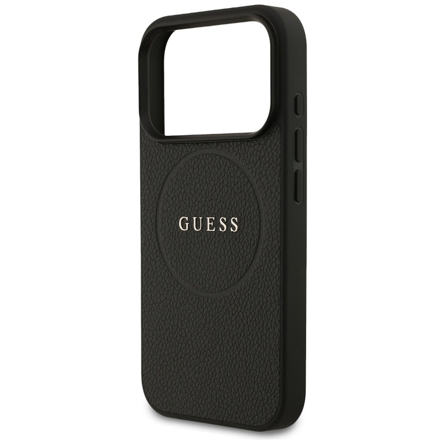 Una custodia nera Guess per iPhone. Ha una finitura strutturata simile alla pelle, un ritaglio per la fotocamera e il logo Guess. Lo sfondo è bianco.