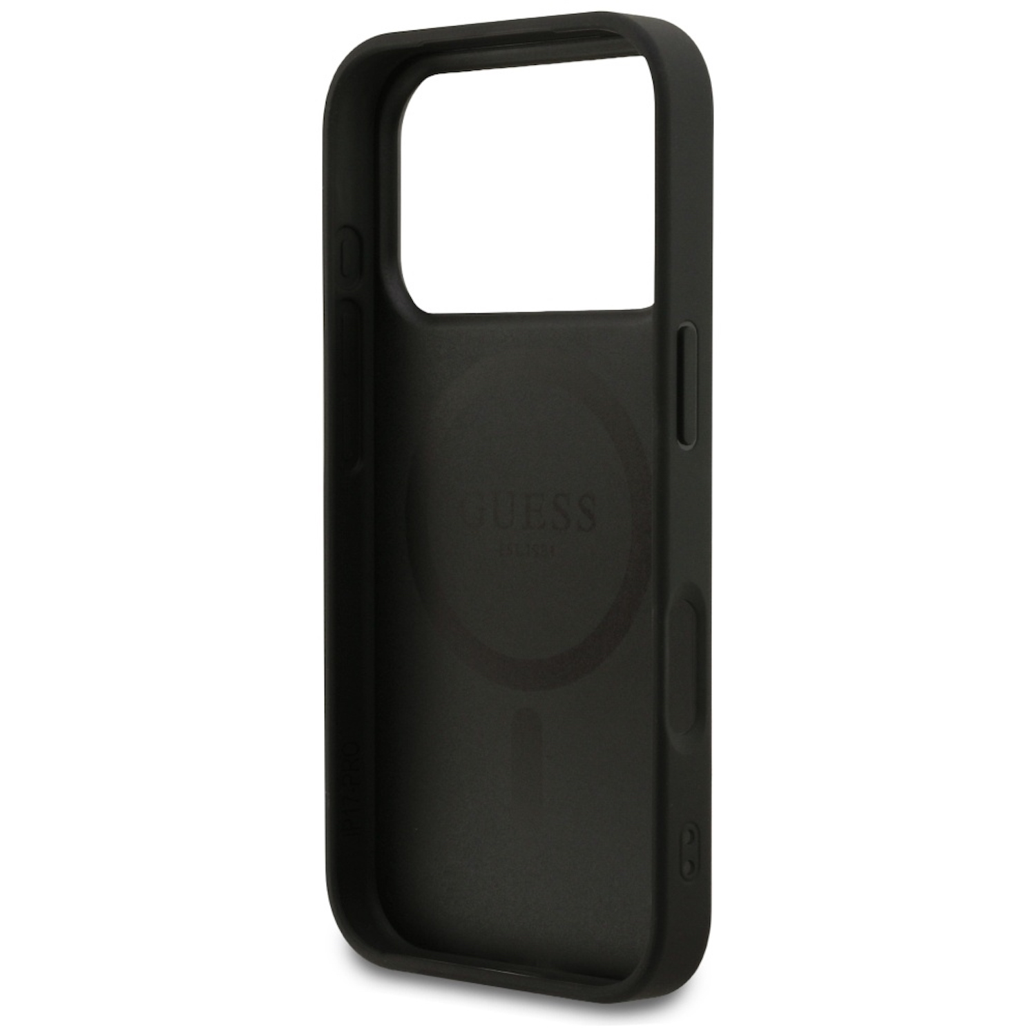 Custodia nera per telefono con apertura quadrata per la fotocamera. Il logo Guess è visibile. La custodia è su una superficie bianca.