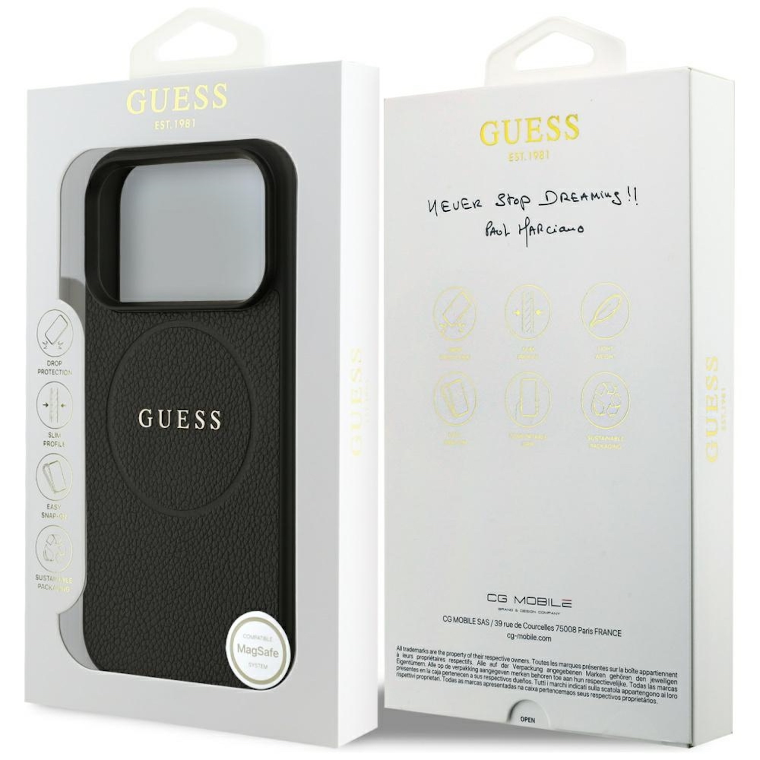 Una custodia Guess per telefono nella sua scatola. La scatola è bianca con testo e la custodia è nera.