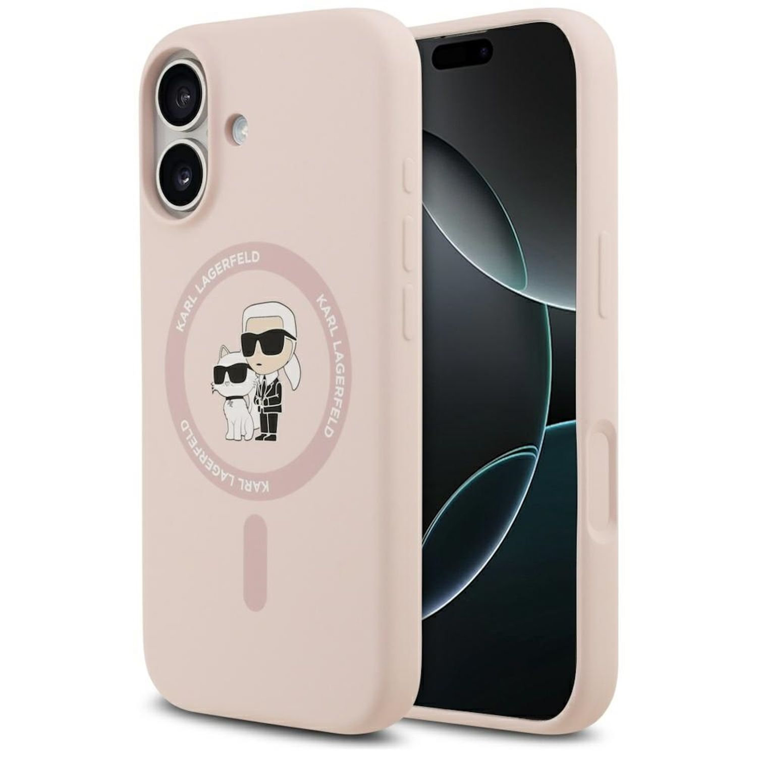 Rosa Handyhülle mit Karl Lagerfeld Logo und einem Handy darin. Die Hülle zeigt ein Bild des Designers und seiner Katze.