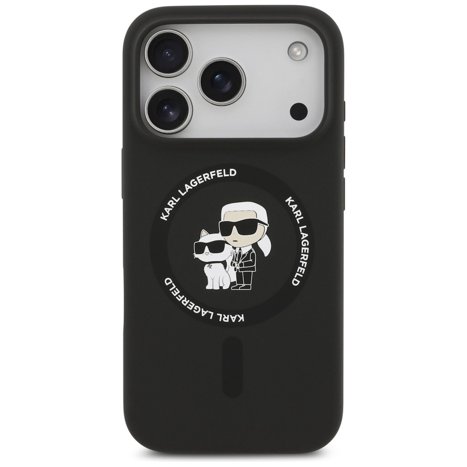 Custodia per telefono nera con logo Karl Lagerfeld. Raffigura un gatto e una persona, entrambi con occhiali da sole. Fotocamera visibile.