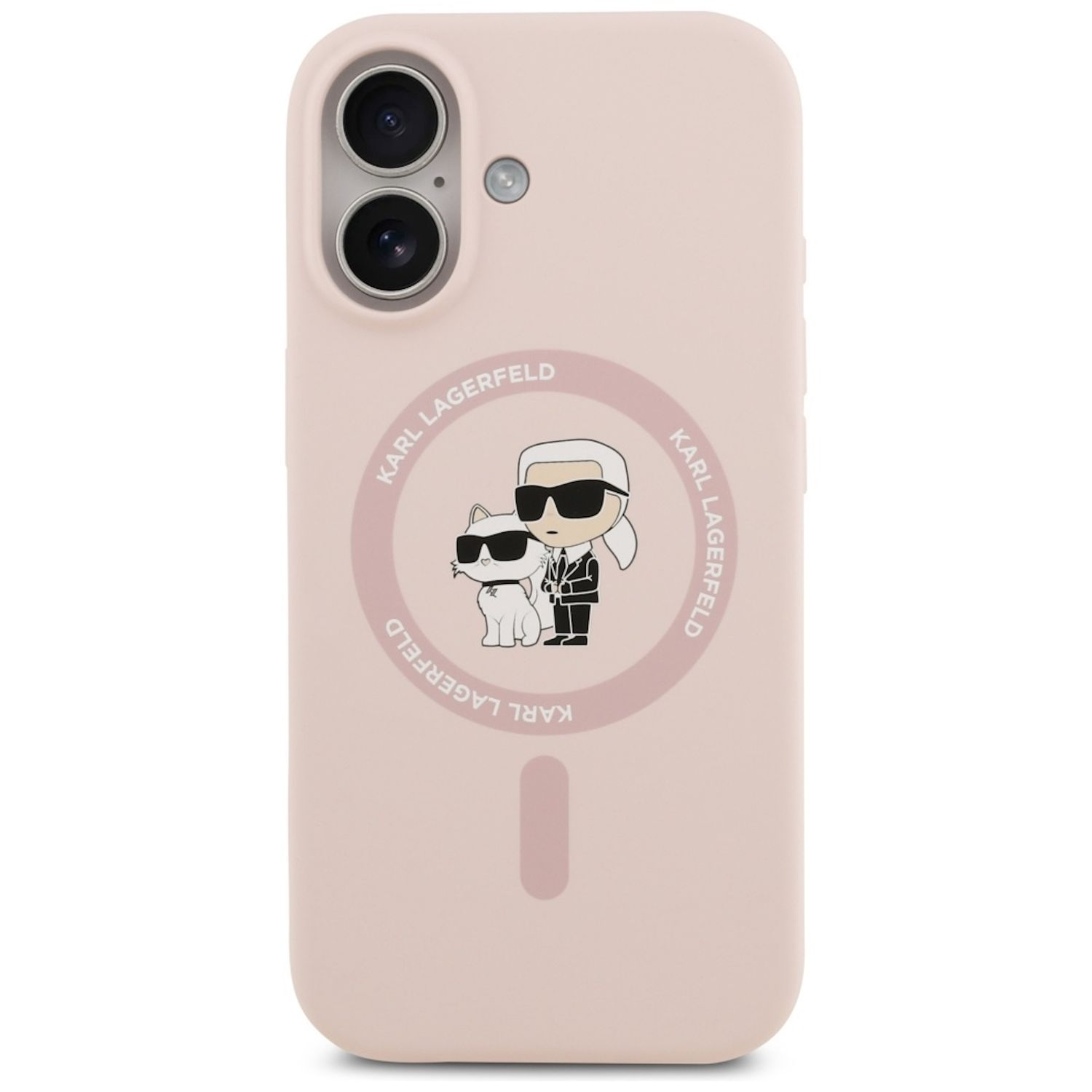Eine hellrosa Handyhülle mit Karl Lagerfeld Logo und Katze. Die Hülle hat auch die Kamera und ein kleines Loch.