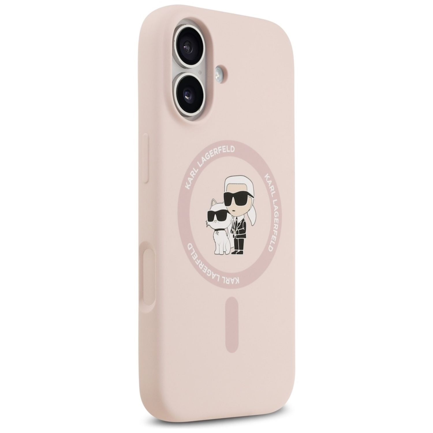 Eine rosa Handyhülle mit Karl Lagerfeld Design. Es hat ein Bild von Karl und Choupette. Die Handykamera ist sichtbar.
