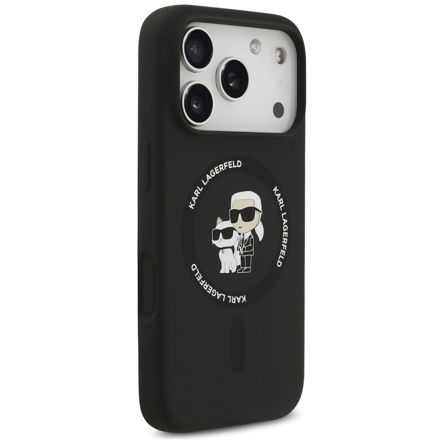 Custodia nera per telefono con logo Karl Lagerfeld, raffigurante il designer e il gatto. La custodia ha un ritaglio per la fotocamera.