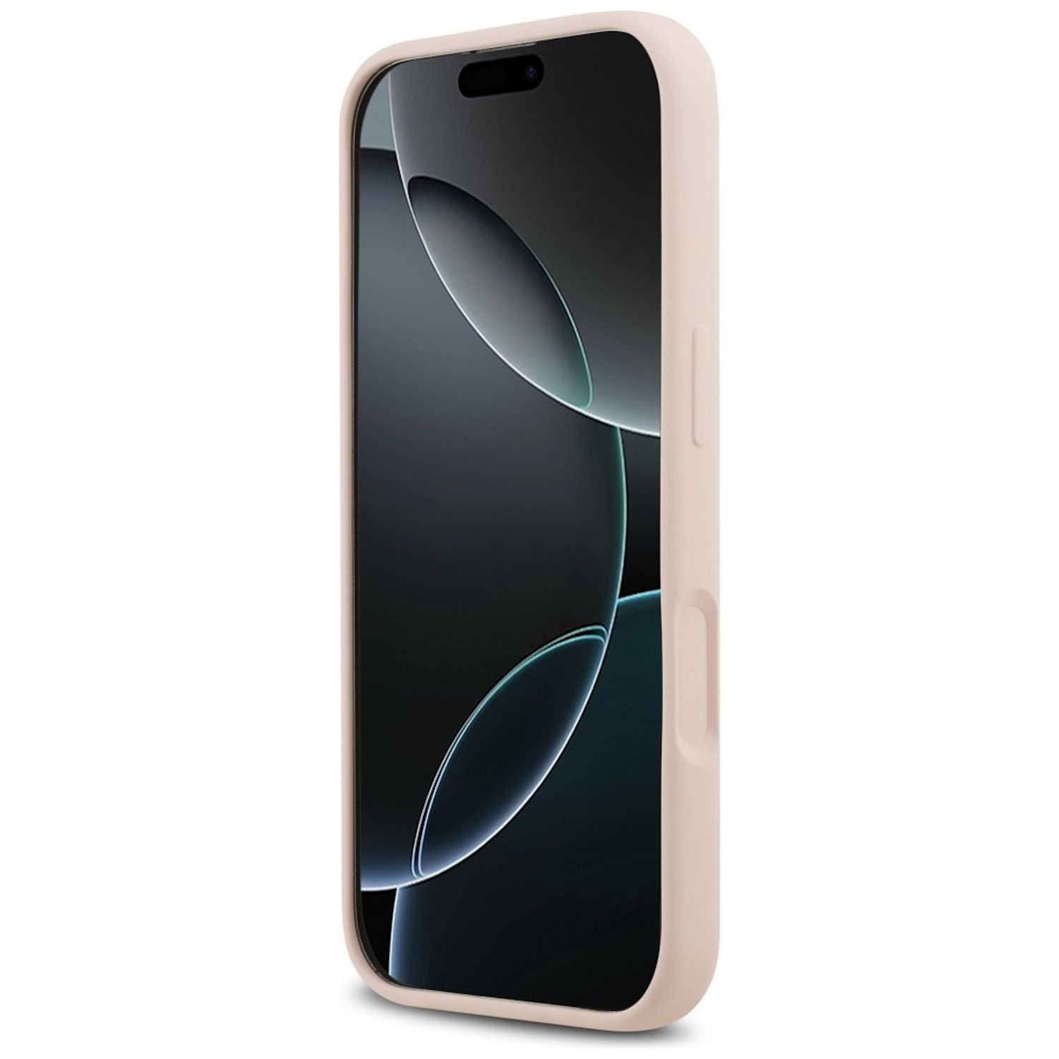 Ein Smartphone in einer hellrosa Hülle. Der Bildschirm ist schwarz mit einem geschwungenen, abstrakten Design. Die Hülle hat einen Knopf an der Seite.