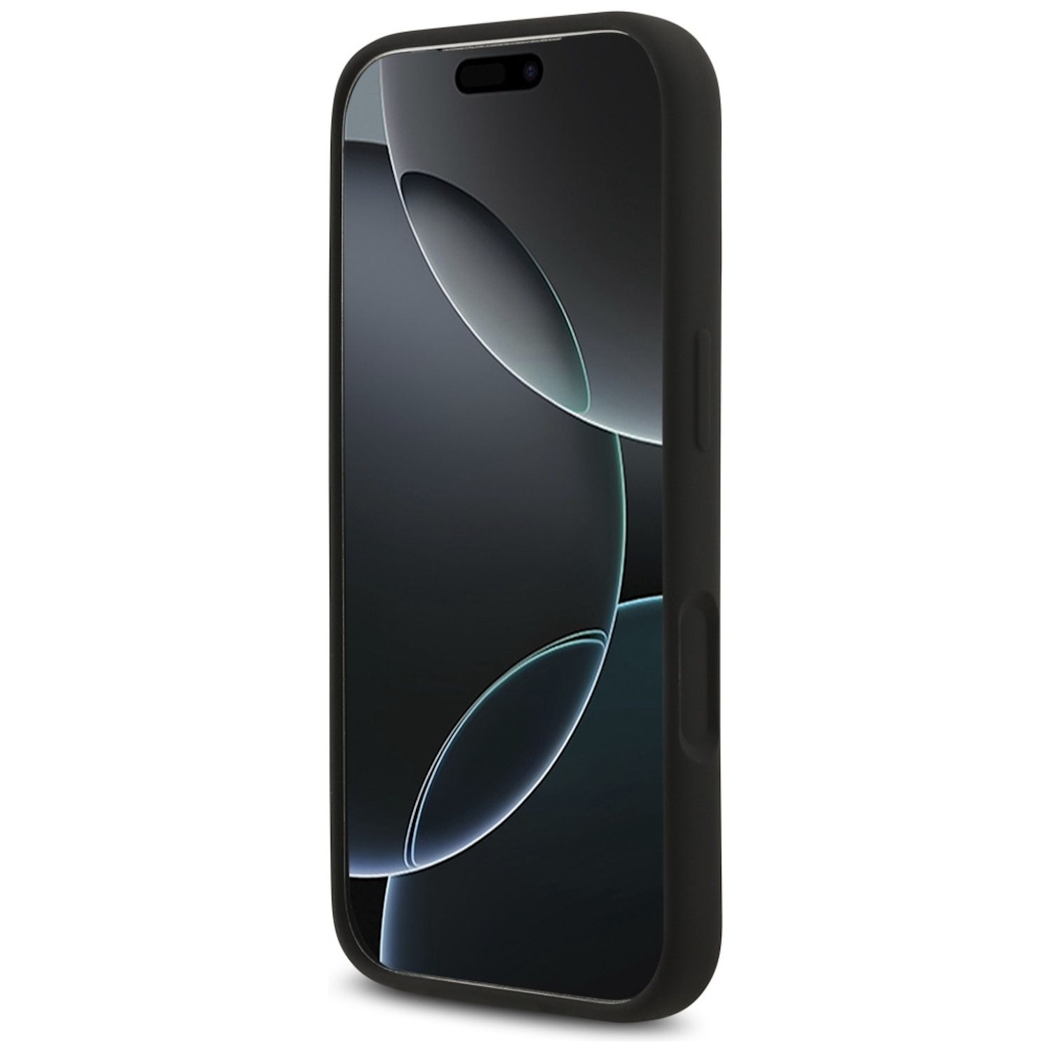 Uno smartphone nero in una custodia nera, mostra un'immagine sfumata scura. Il telefono è leggermente inclinato.