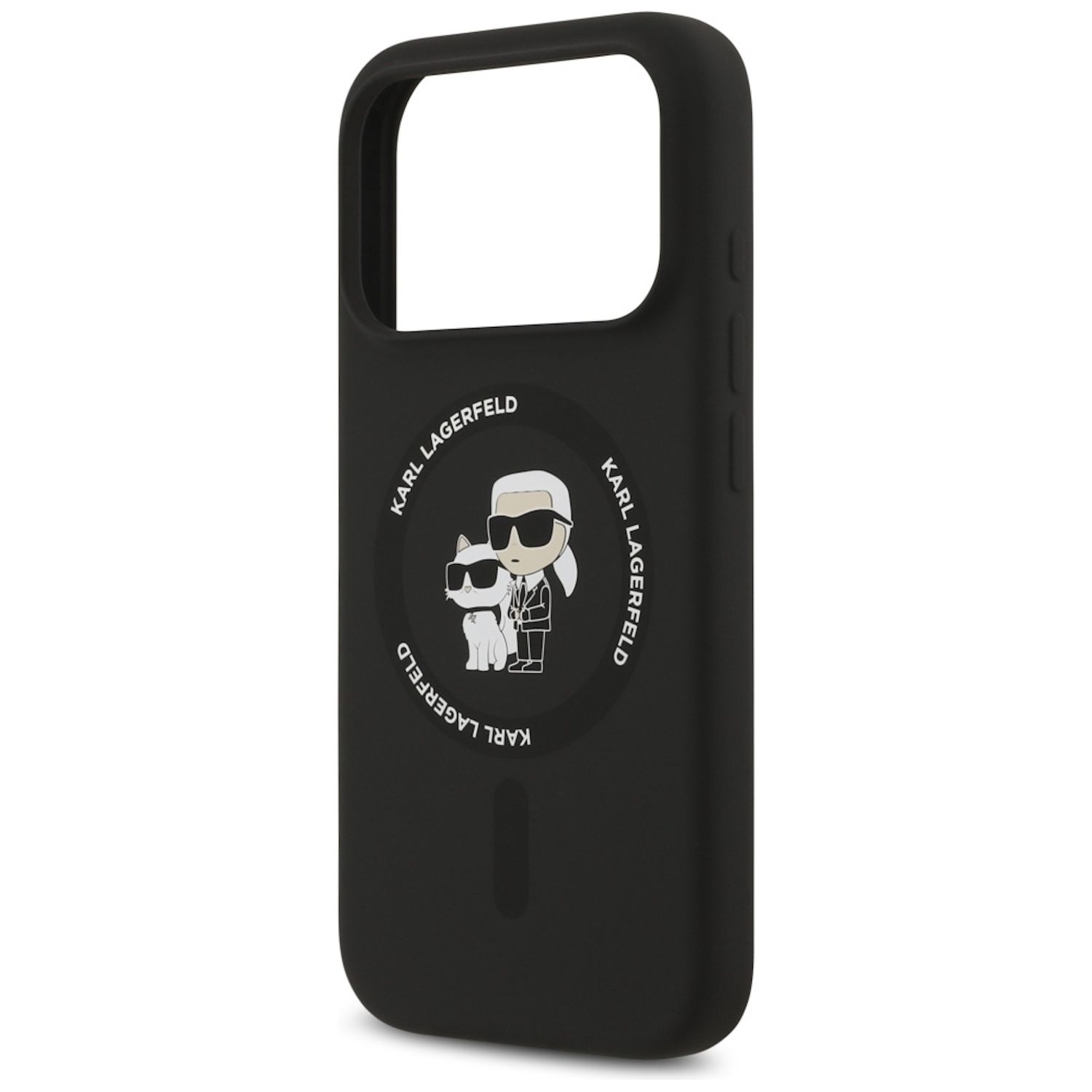 Custodia nera per telefono con logo Karl Lagerfeld raffigurante Karl e un gatto. La custodia ha angoli arrotondati e ritagli.
