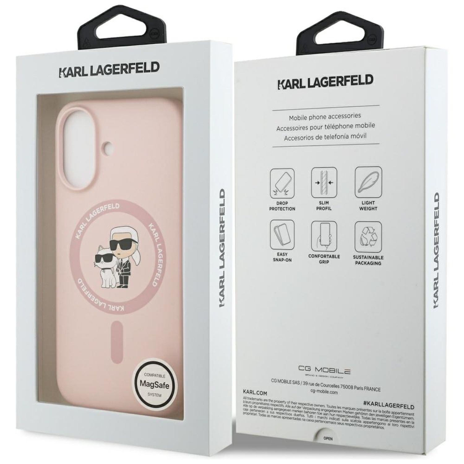 Eine Karl Lagerfeld Handyhüllenbox. Sie zeigt die Hülle im Inneren, das Markenlogo und Funktionen wie Fallschutz.