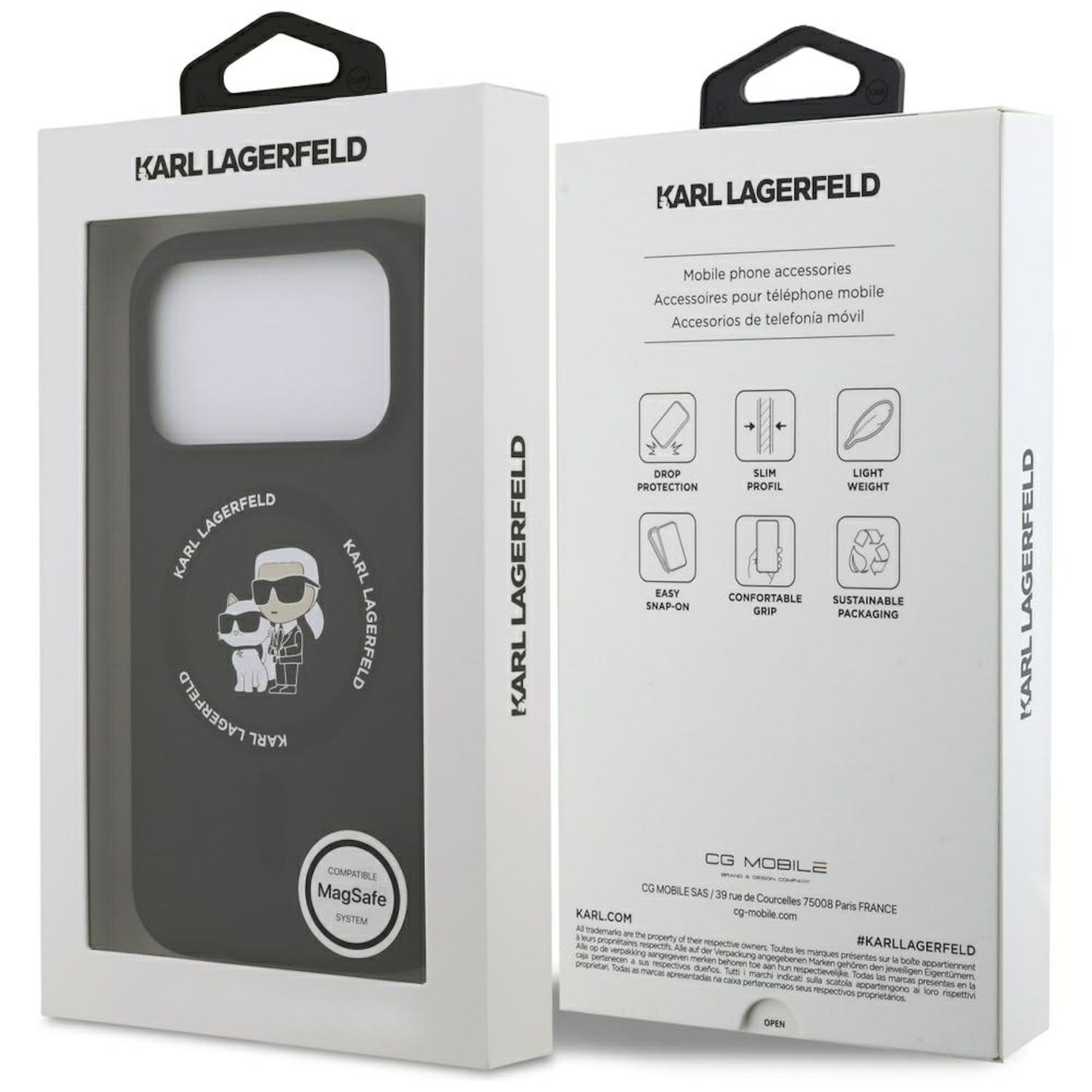 Eine Telefonhüllenbox mit dem Karl-Lagerfeld-Logo. Die Box ist weiß mit einem schwarzen Griff. Die Hülle ist sichtbar.