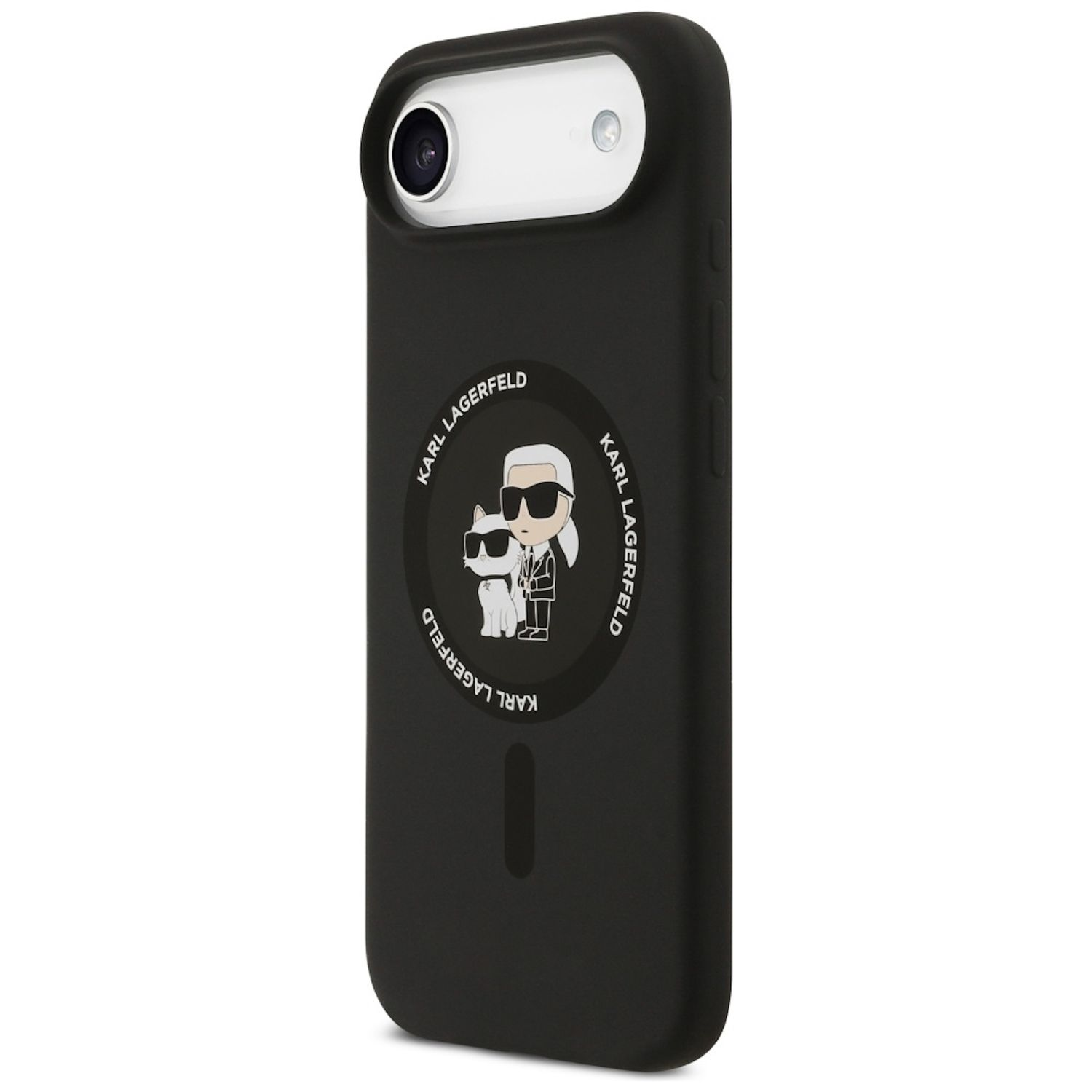 Una custodia per telefono nera con un design Karl Lagerfeld, con un cartone animato di Karl e un gatto. Lo sfondo è bianco.