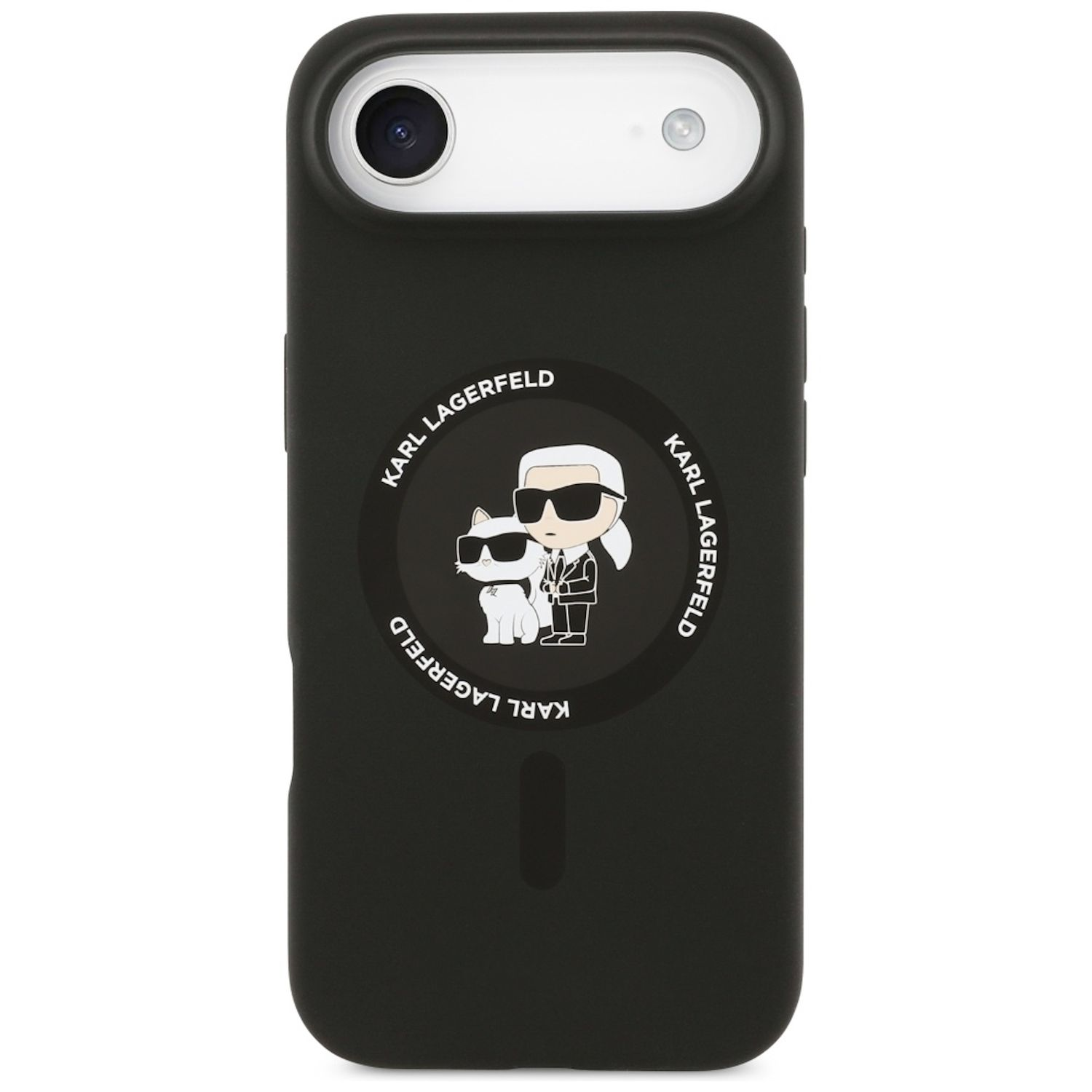 Custodia nera per telefono con logo Karl Lagerfeld. Il logo presenta Karl e un gatto con occhiali da sole. La custodia ha fotocamera e flash.