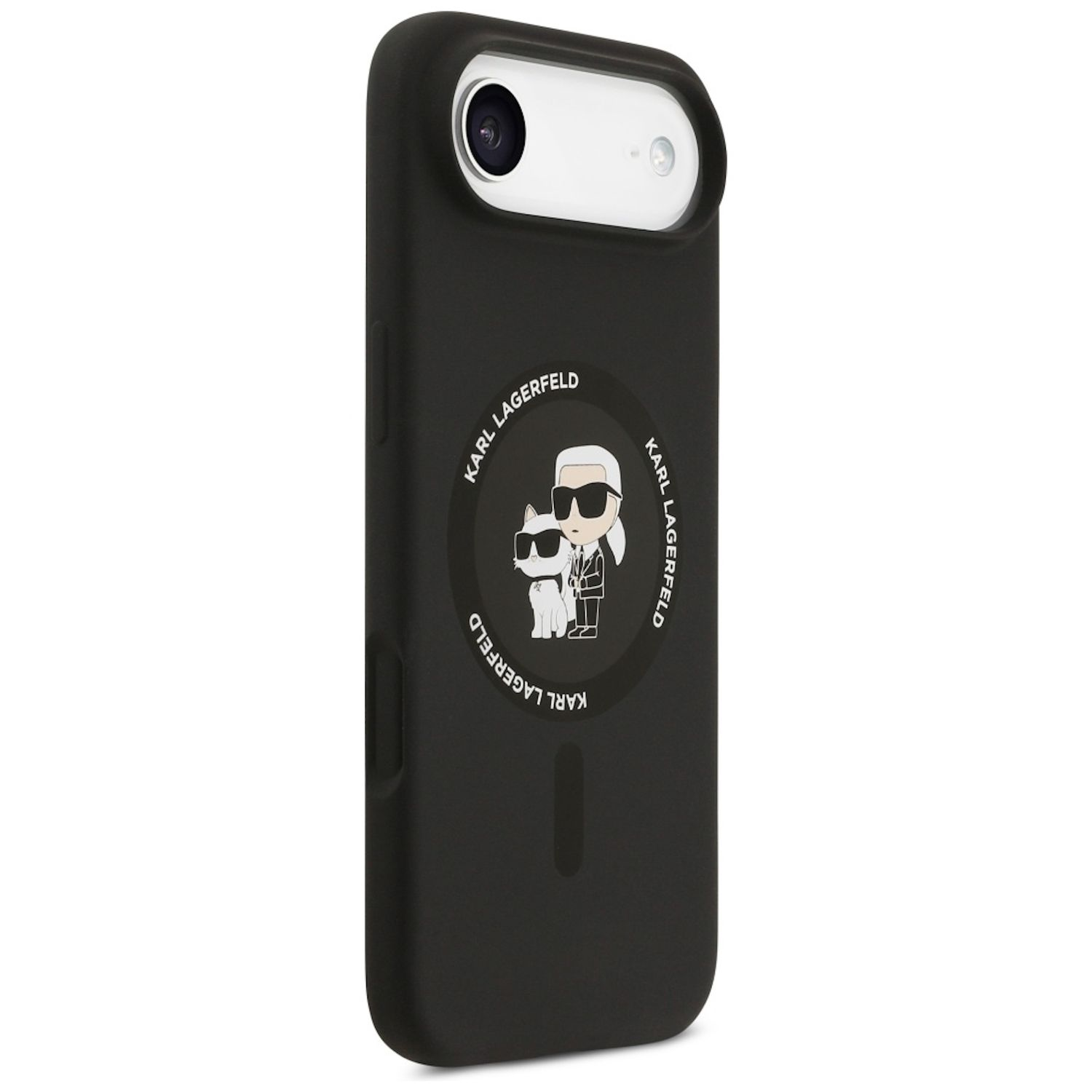 Custodia nera per telefono con logo Karl Lagerfeld e immagine di Karl e Choupette. Include ritagli per fotocamera e pulsanti.