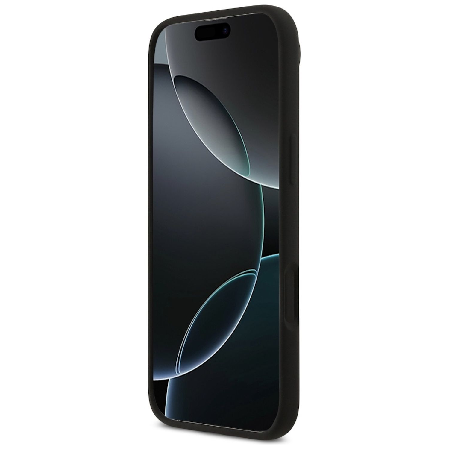 Telefono nero in una custodia nera. Lo schermo mostra un'immagine astratta scura con riflessi bianchi e azzurri. Sfondo bianco.