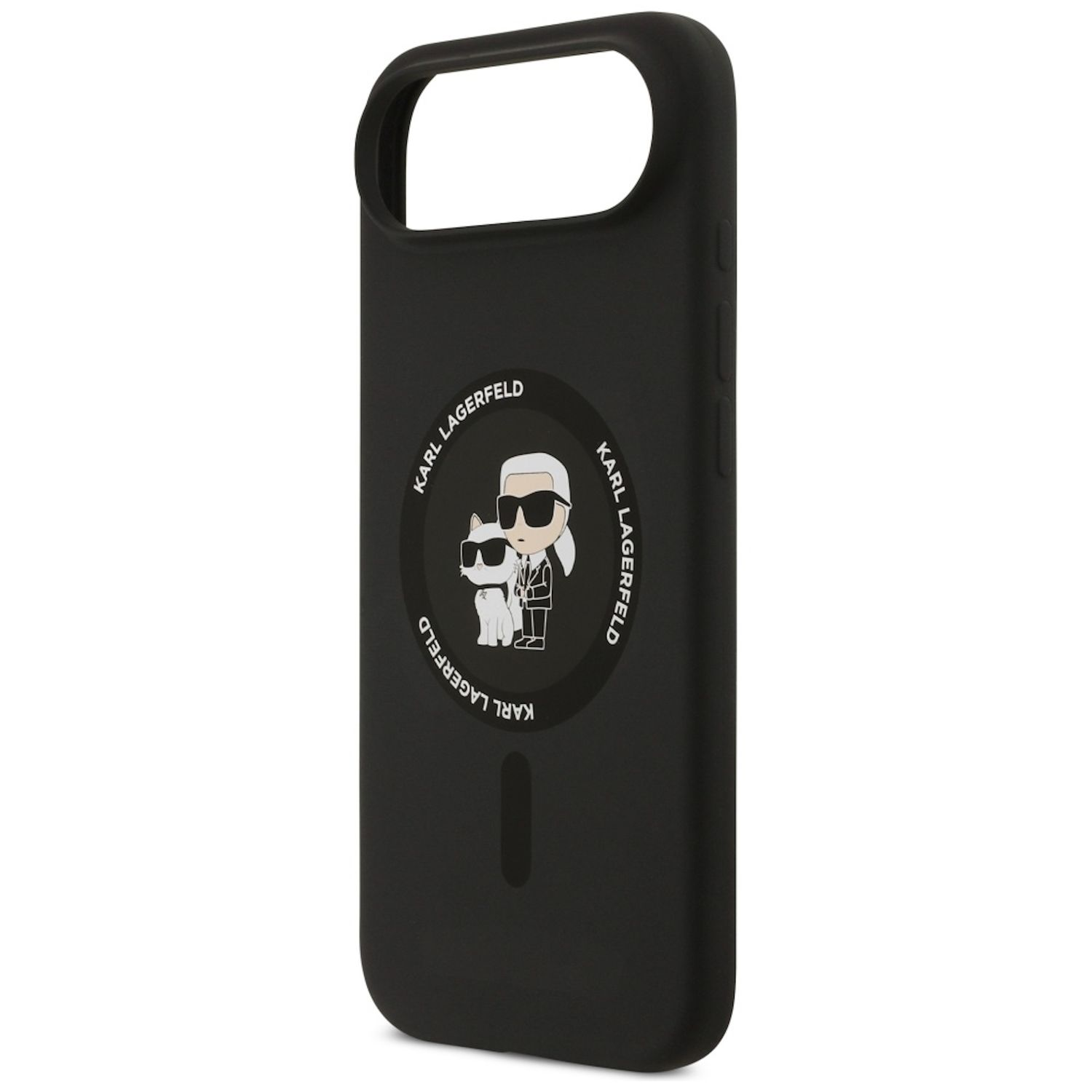 Custodia per telefono nera con logo Karl Lagerfeld e illustrazione di Karl e del gatto. La custodia ha fori per fotocamera e pulsanti.