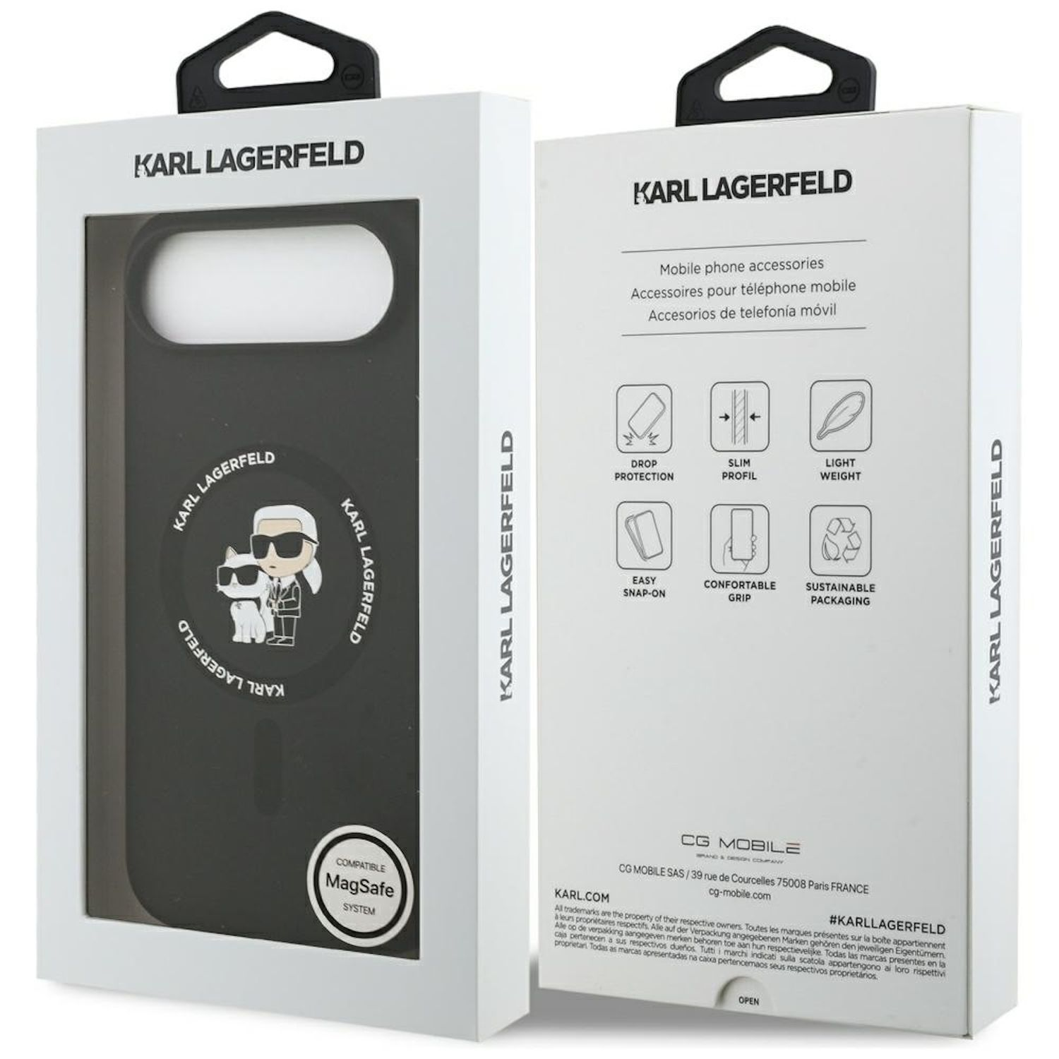Scatola della custodia per telefono Karl Lagerfeld. Mostra i dettagli del prodotto, compatibilità MagSafe e logo.