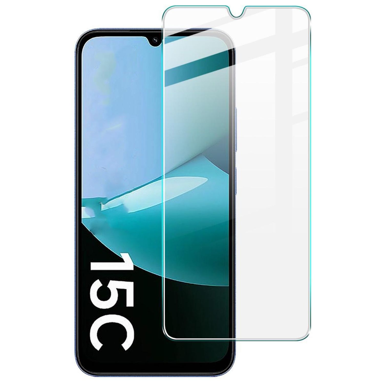 Ein Smartphone mit Displayschutz. Das Telefon hat einen blauen Bildschirm mit dem Text 15C. Der Schutz ist klar.