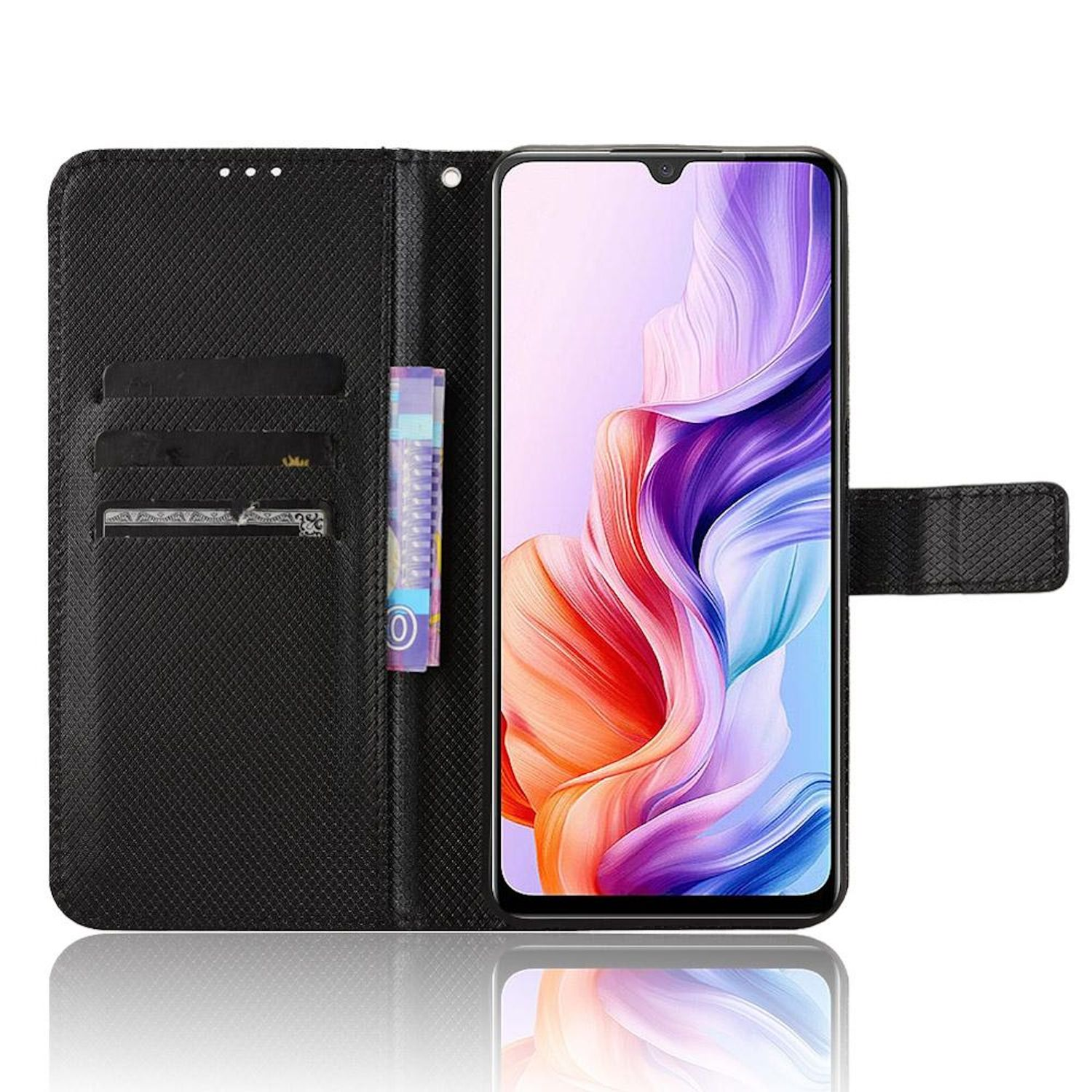 Funda de teléfono negra con sección de billetera y un smartphone con un fondo abstracto colorido.