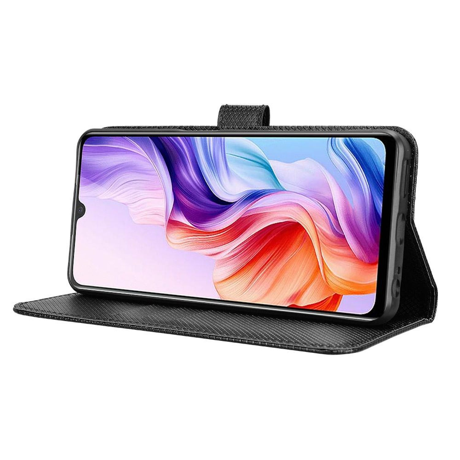 Un teléfono inteligente en una funda negra se muestra, la pantalla muestra arte abstracto colorido. La funda está abierta, revelando el teléfono.
