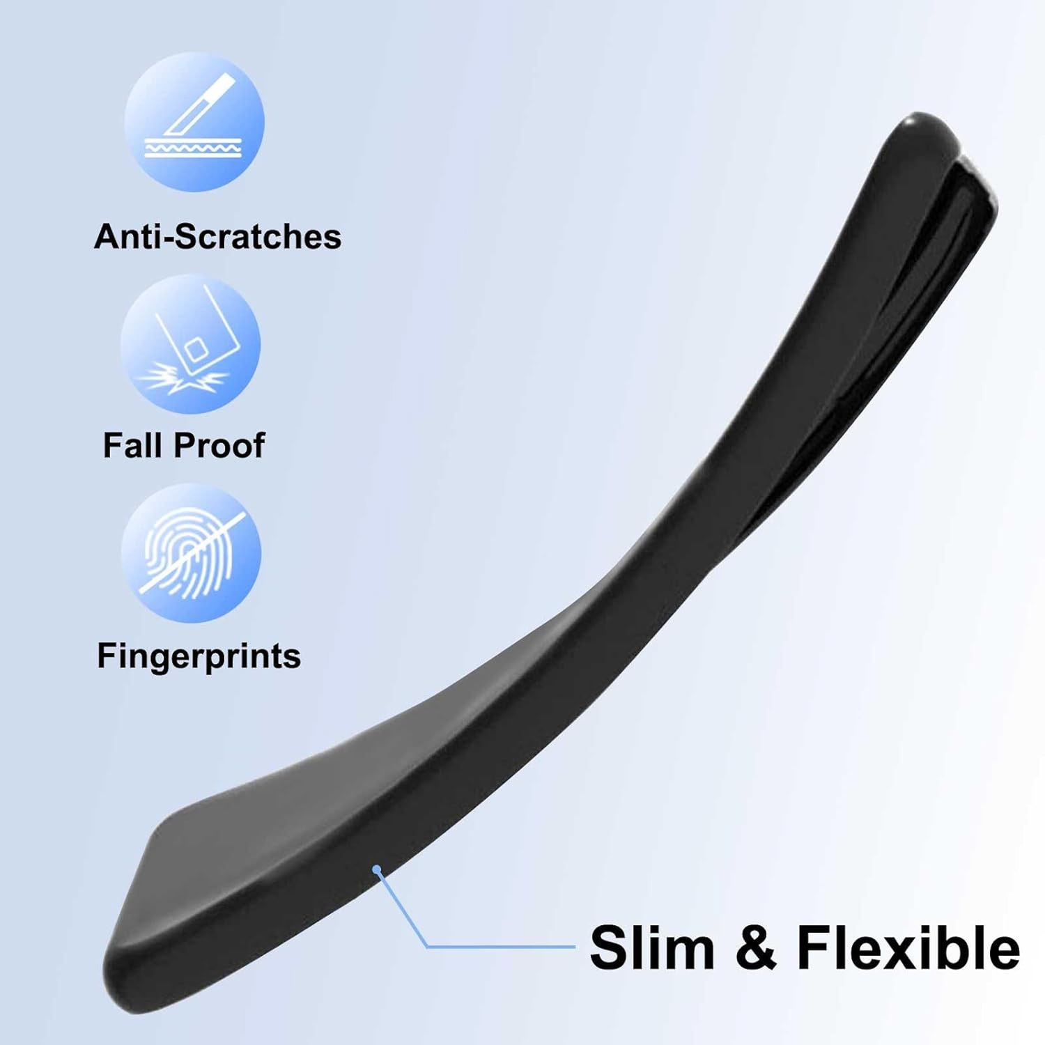 Schwarze, flexible Handyhülle mit Kratzschutz, Fallschutz und Fingerabdruckresistenz. Text: Schlank & Flexibel.