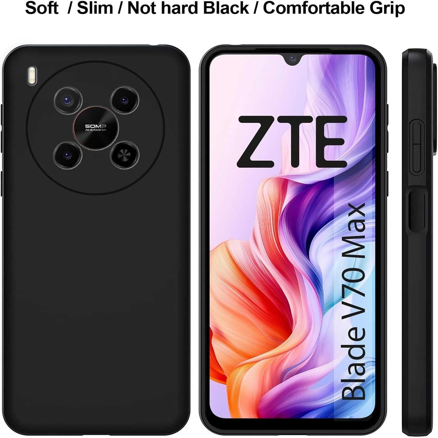 Eine schwarze Handyhülle mit einem Telefon, das das ZTE-Logo und Blade V70 Max zeigt. Die Hülle wird aus verschiedenen Blickwinkeln gezeigt.