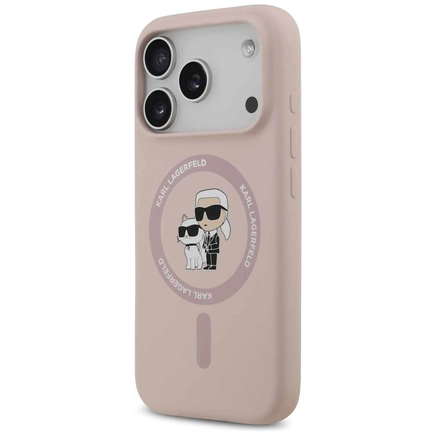 Una custodia rosa per telefono con un design Karl Lagerfeld. Ha l'immagine di Karl e di un gatto con gli occhiali da sole.