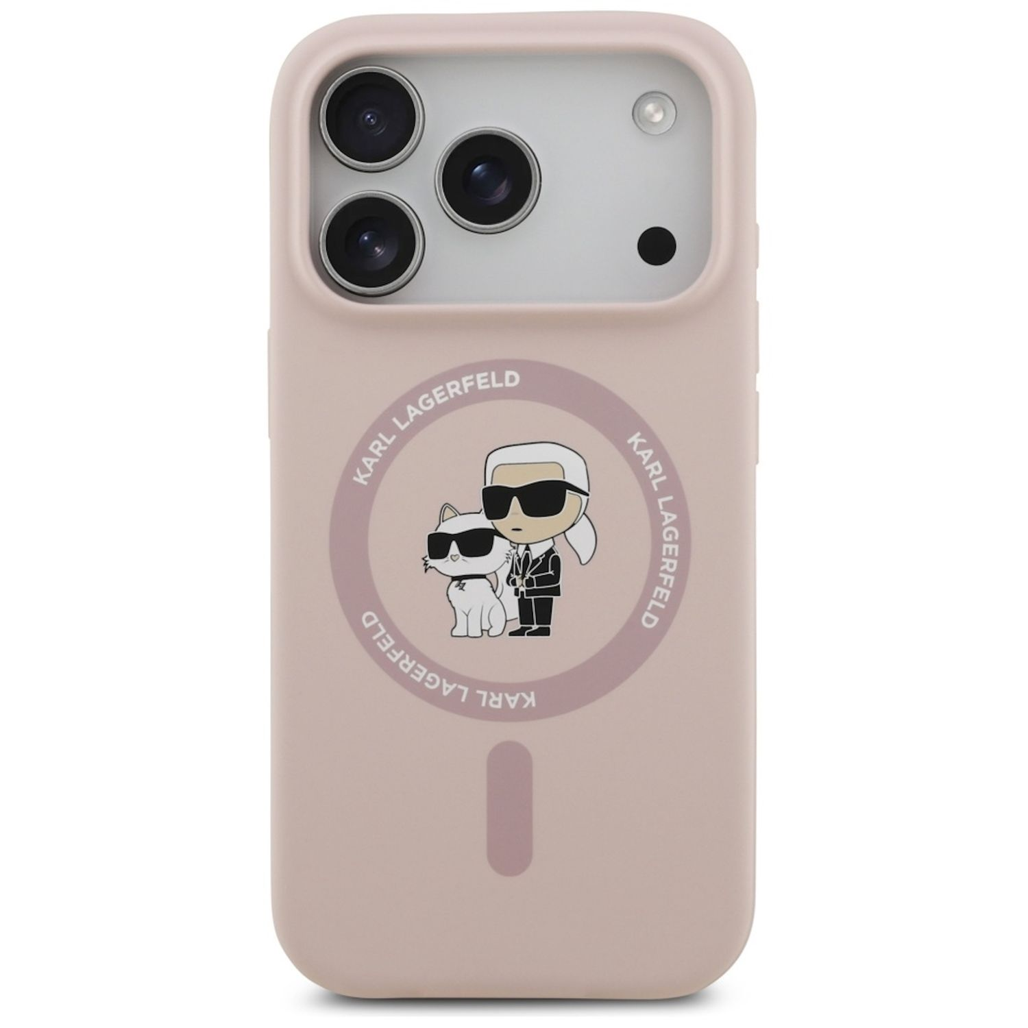 Una custodia per telefono con un design Karl Lagerfeld. Presenta una grafica di Lagerfeld, un gatto e il logo del marchio. La custodia è rosa chiaro.