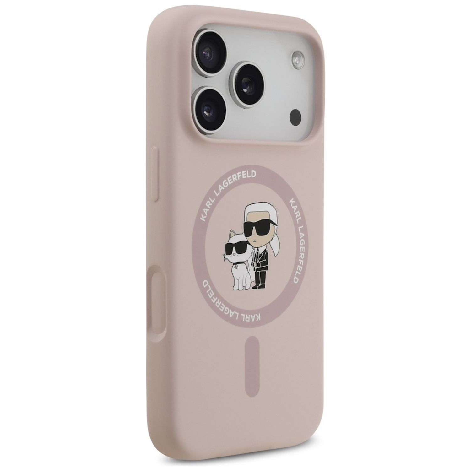 Custodia rosa per telefono con logo Karl Lagerfeld. Raffigura un cartone animato di Lagerfeld e un gatto. La custodia contiene un telefono.